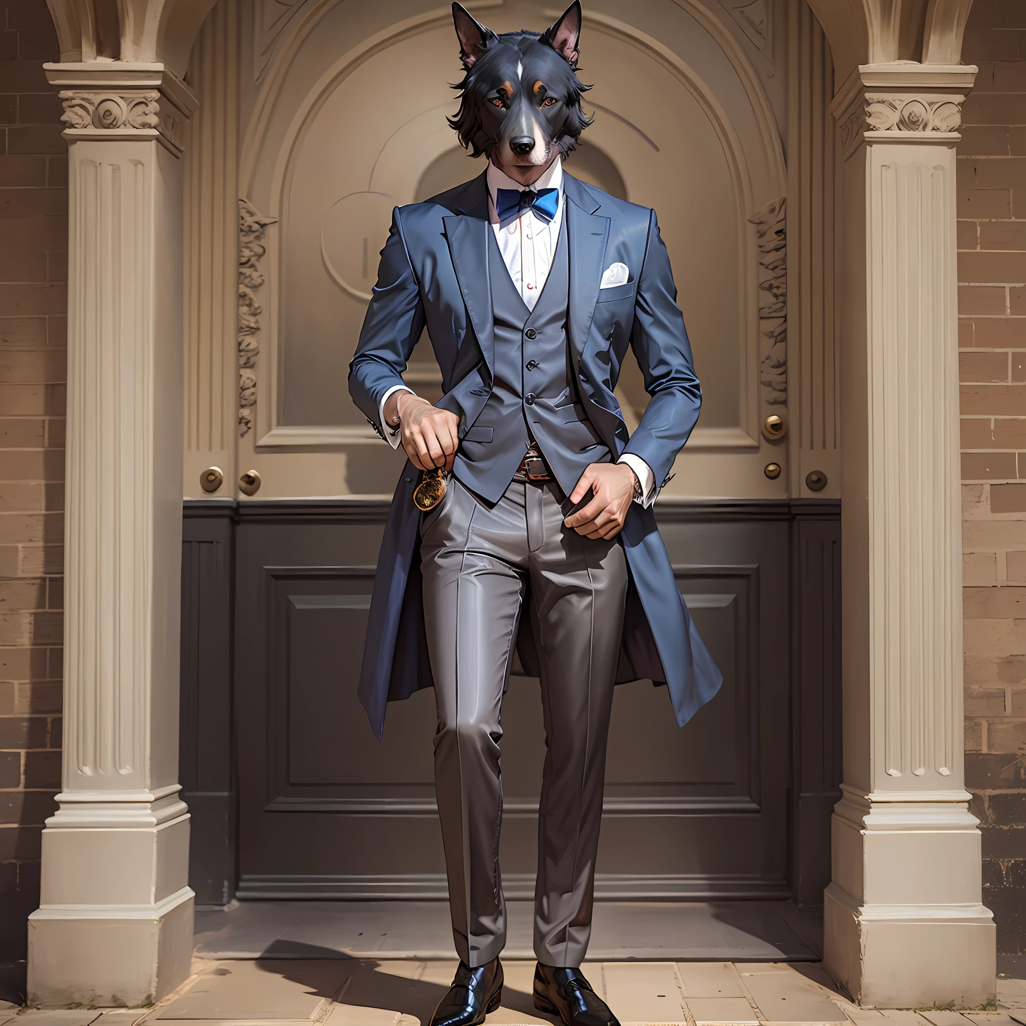Dog-headed man, gentleman in suit, underworld, full body standing painting