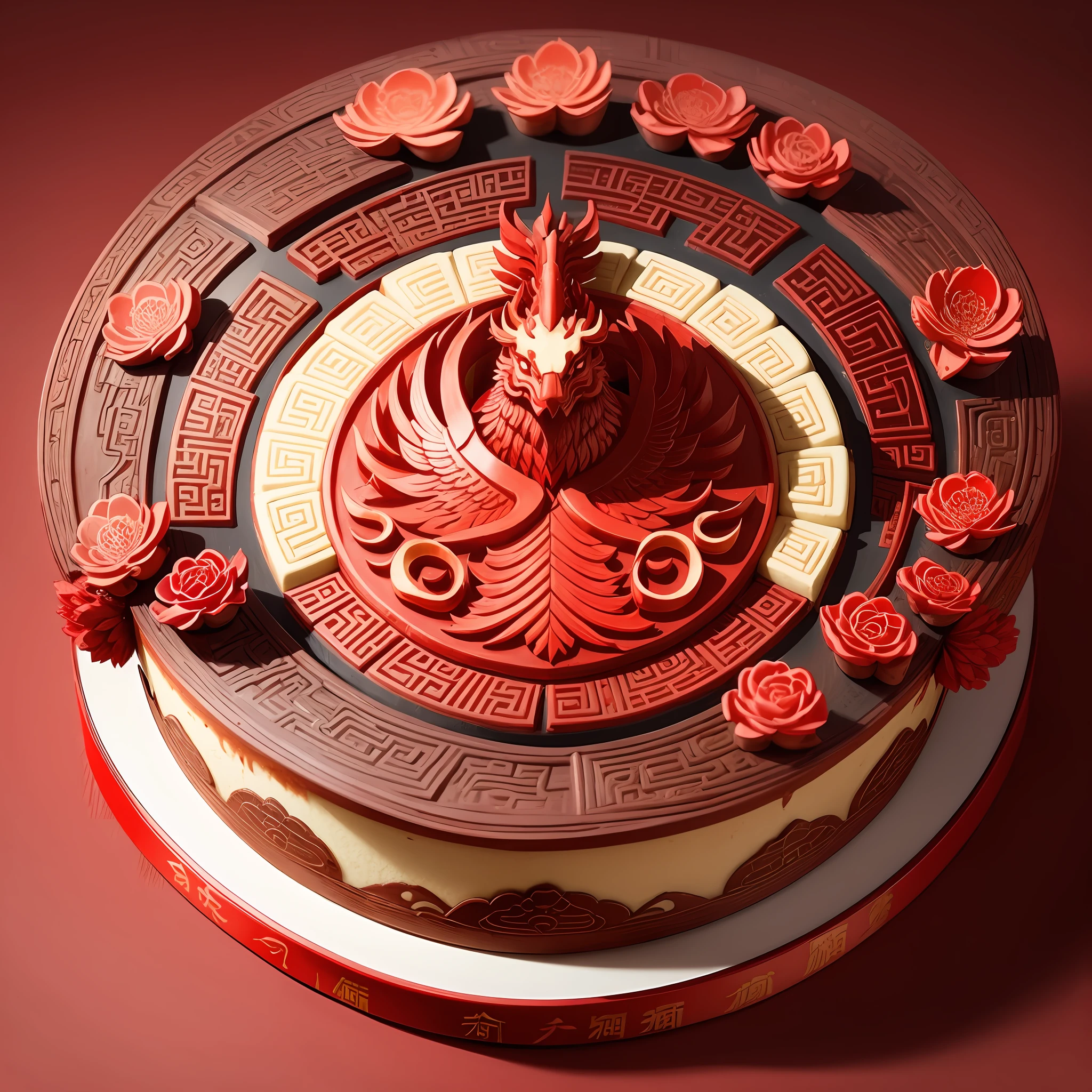 The Chinese-style cake is dominated by red and has the theme of Chinese totem dragons and phoenixes --auto --s2