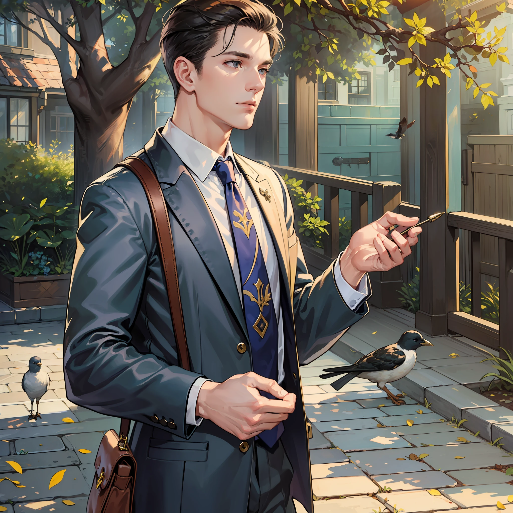((masterpiece, top quality, super detailed)), finely detailed eyes and detailed face, one man in his 40s, male focus, handsome, residential area, fence, spindle tree, afternoon sunlight, suit, hand-held bag, flock of birds, from the side, depth of field