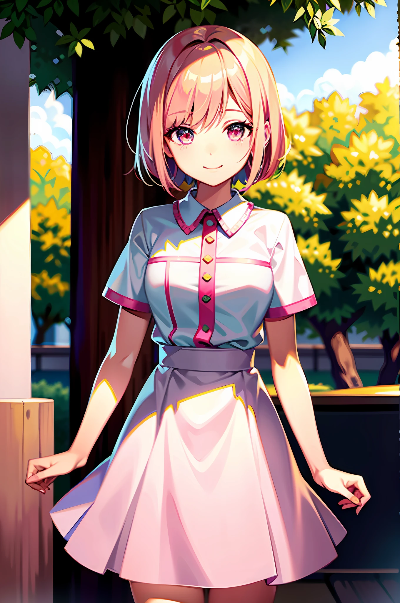 Top quality, super high resolution, girl single, cute, anime, pink, smile, detailed eyes, high quality eyes, short bob hair, white uniform, short sleeves, piece, cherry blossom, frontal, beautiful background,
