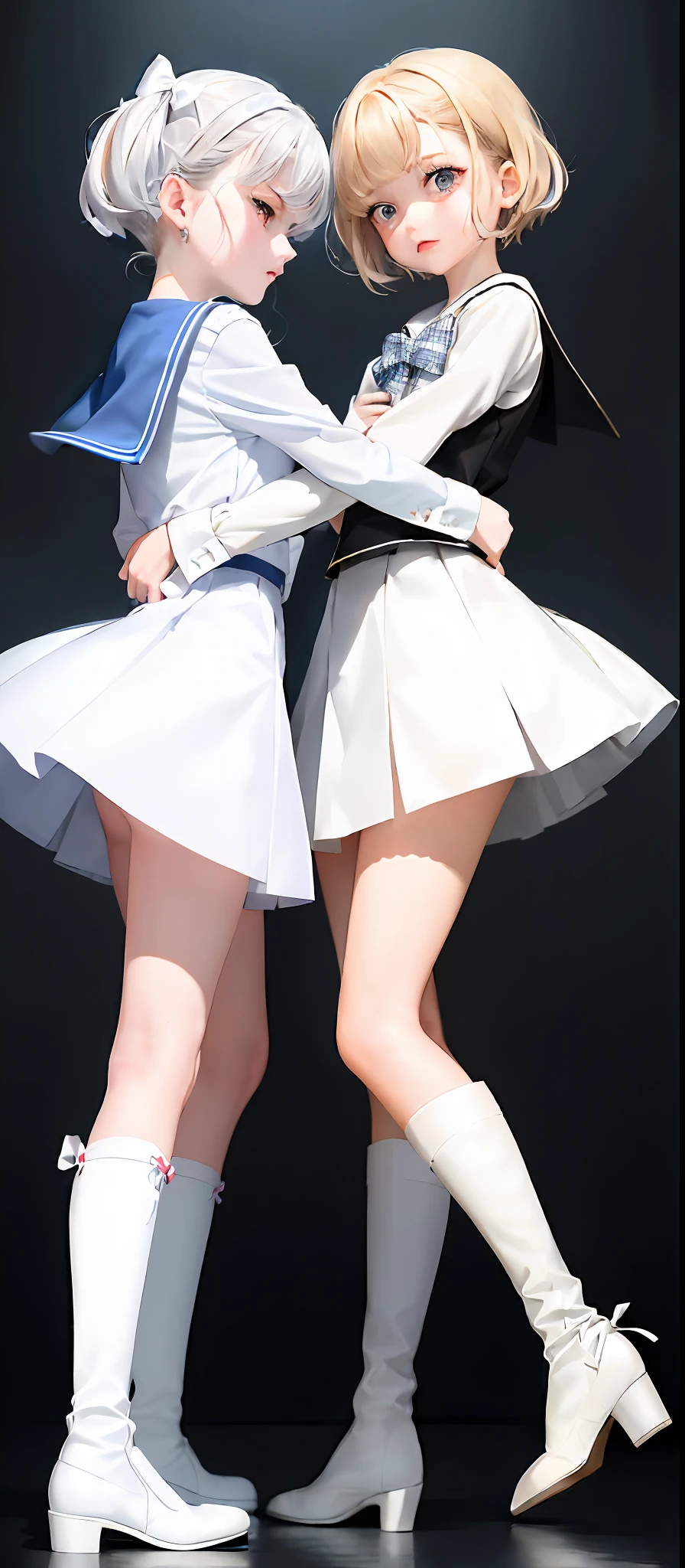 2girls, (masterpiece:1.1), (best quality:1.1), (white blouse:1.1), (plaid skirt:1.1), white sailor suit, break [blue:pink:0.5] theme, (gradient background :1.1), silver hair, short hair, green eyes, sailor moon, over-the-knee boots, full body, bow, stockings, crying, fighting stance.