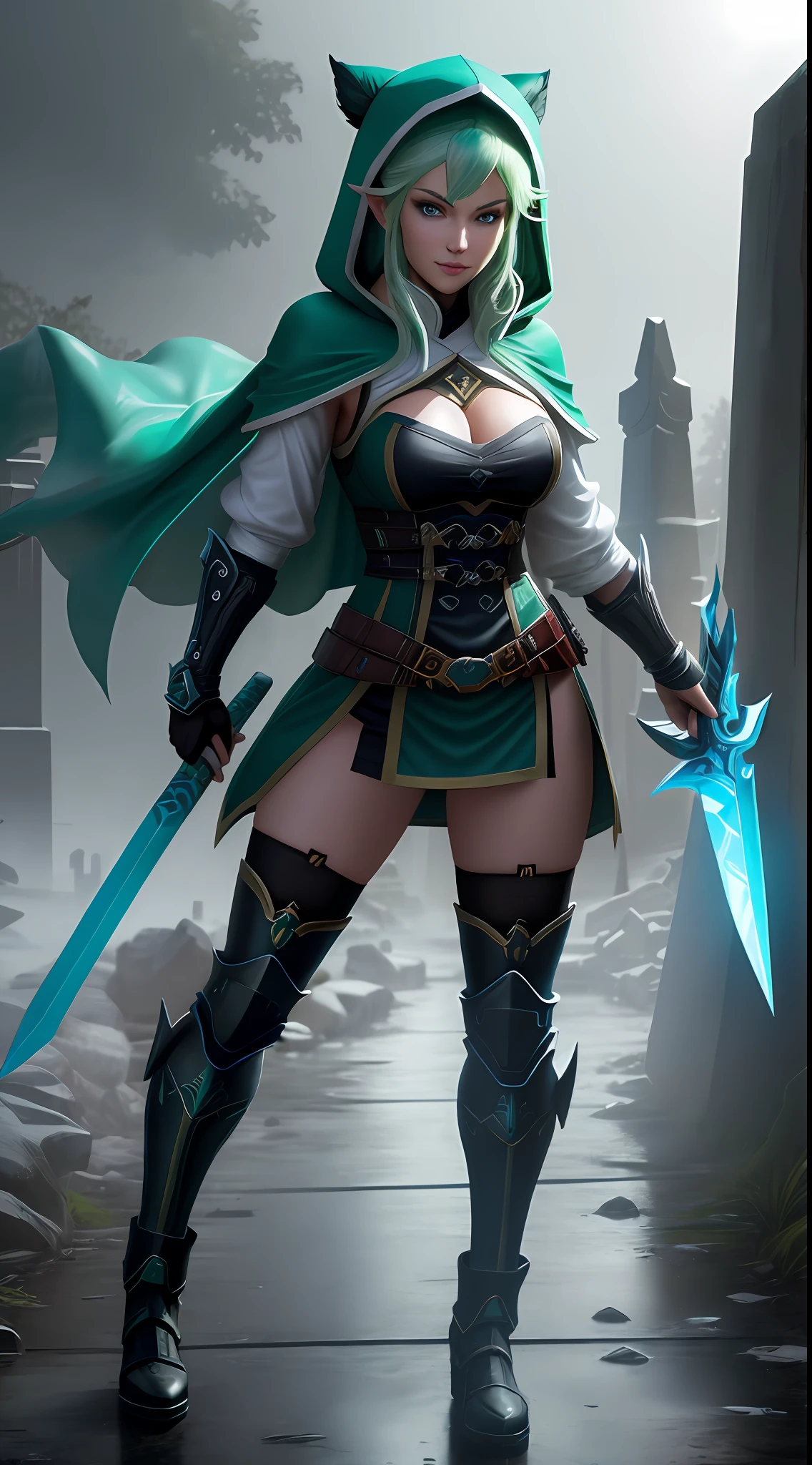 full body photo, 8k, Unreal Engine 5, masterpiece, extremely detailed, maximum quality. Mortal Kombat+Princess Zelda, blue eyes, green hair, size XL bust, wearing a ninja outfit with mask and hood, green with black accents,holding an ice katana, wielding it towards the viewer.Looking at viewer with malevolent smile. Cemetery with rain and fog.