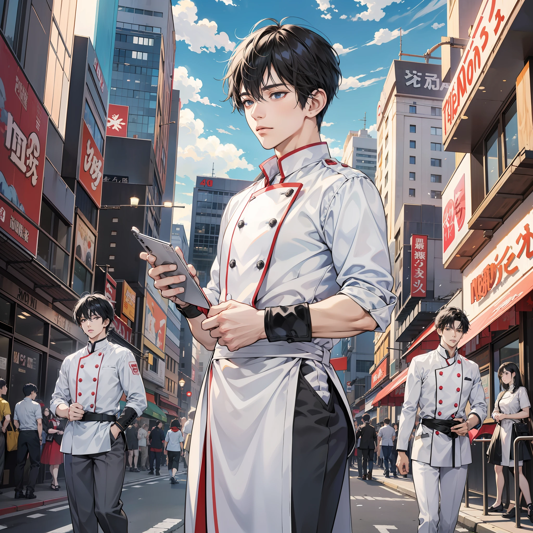 Anime characters standing on busy street in white chef uniform, short black hair, anime style 4 K, anime wallpaper 4 K, anime wallpaper 4k, anime wallabies, anime still movie anime Shikiki, 4k anime wallpaper, 2D anime style, handsome guys in demon killer art, anime art wallpaper 8 k, anime moe art style, hd anime wallabies