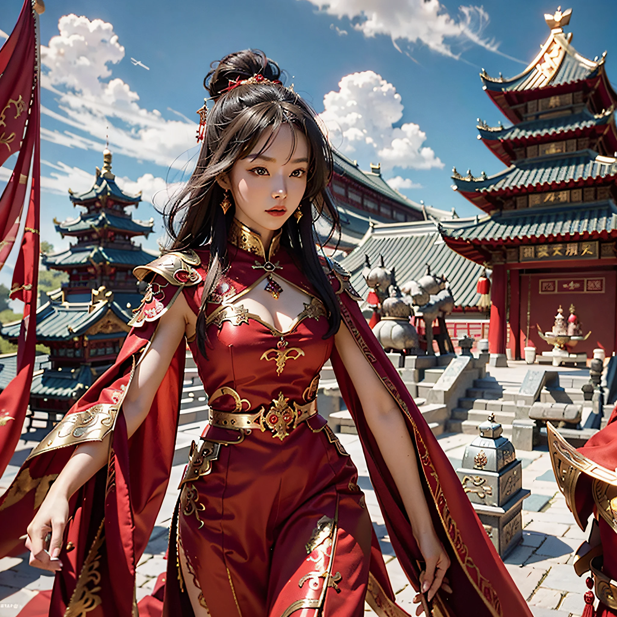 Wearing a red dress, red cloak and gold embellishment Chinese warrior, red armored girl, dynasty warrior, Unreal Engine render + goddess, 3D rendered character art 8 K, fairy hero, --auto --s2