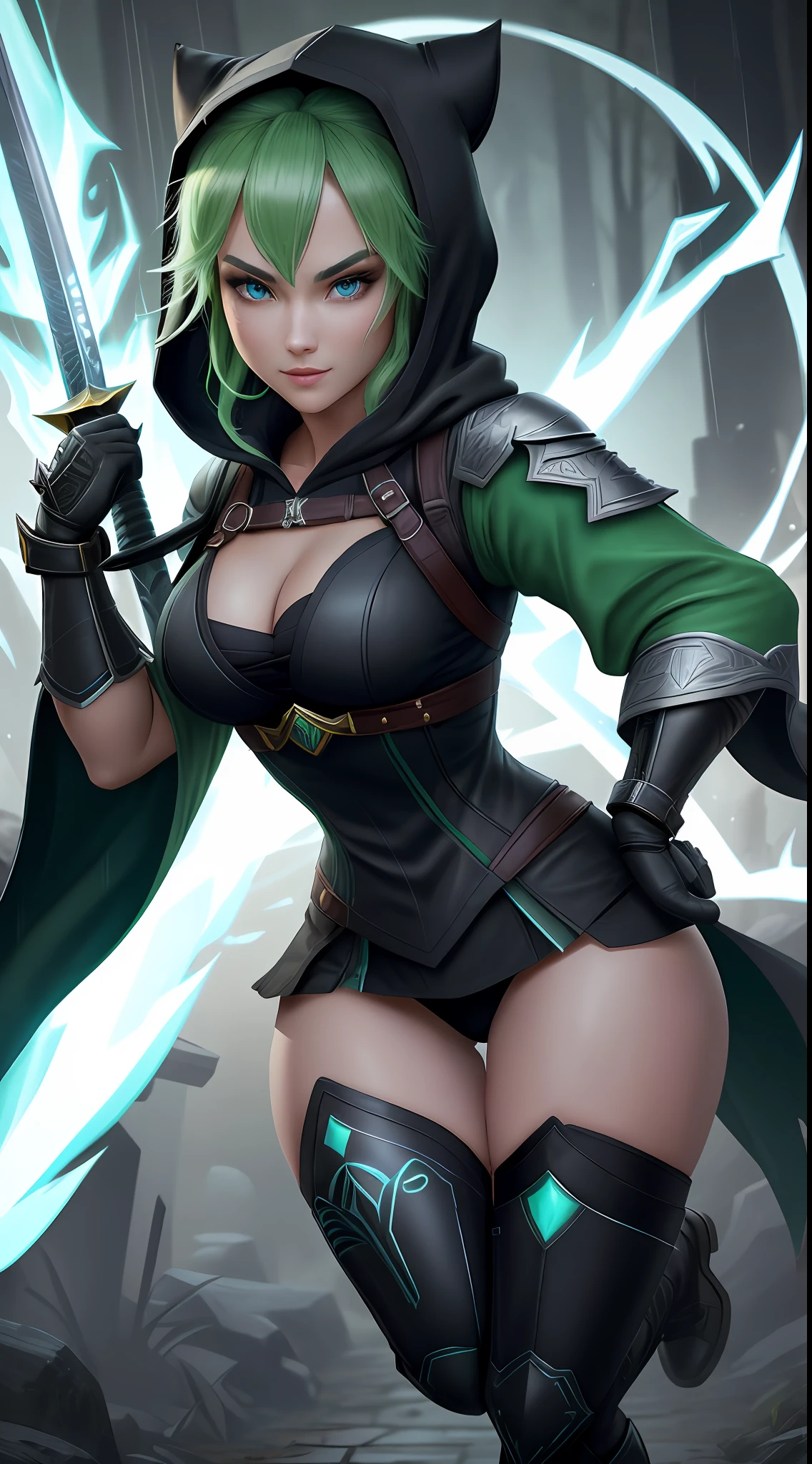 full body photo, 8k, Unreal Engine 5, masterpiece, extremely detailed, maximum quality. Mortal Kombat+Princess Zelda, blue eyes, green hair, size XL bust, wearing a ninja outfit with mask and hood, green with black accents,holding an ice katana, wielding it towards the viewer.Looking at viewer with malevolent smile. Cemetery with rain and fog.