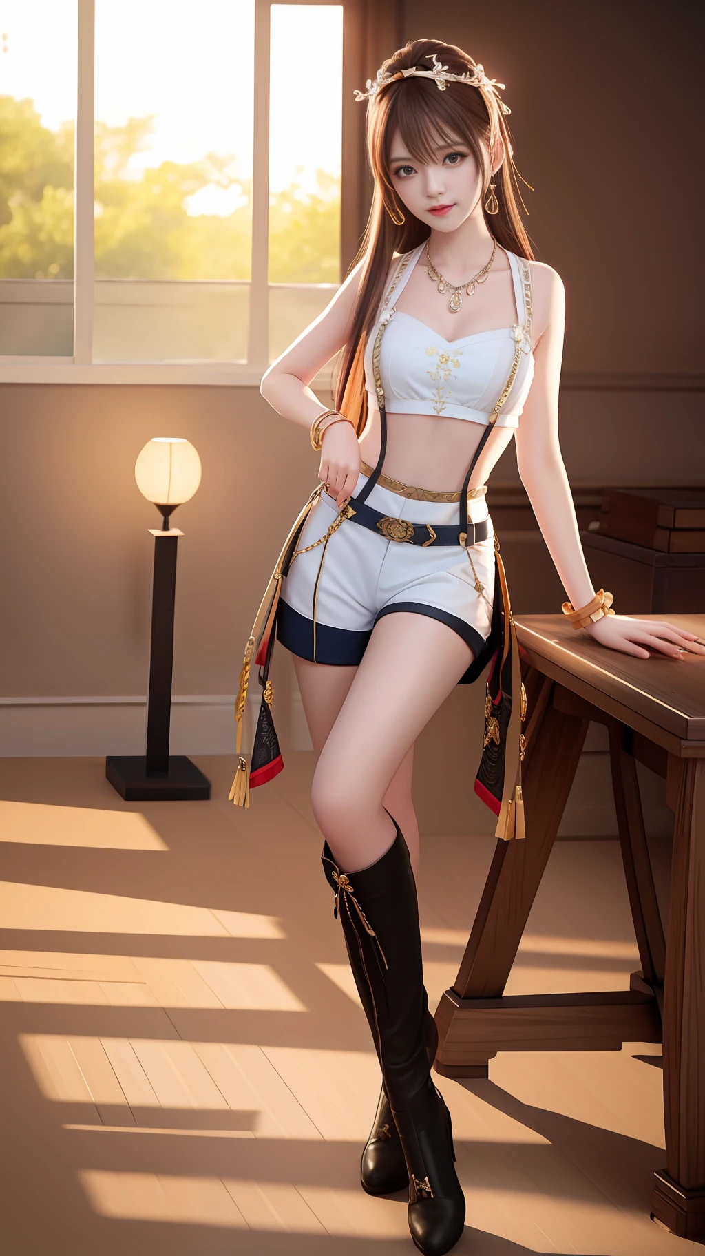 Best Quality, Masterpiece, High Resolution, 1Girl, Suspenders, Hot Pants, Hair Accessories, Necklaces, Jewelry, Beautiful Face, Full Body, Slim and Slender Legs, Tyndall Effect, Realistic, Dark Studio, Edge Lighting, Two-tone Lighting, (High Detail Skin: 1.2), 8K UHD, DSLR, Soft Light, High Quality, Volume Light, Voyeur, Photo, High Resolution, 4K, 8K, Background Bokeh,