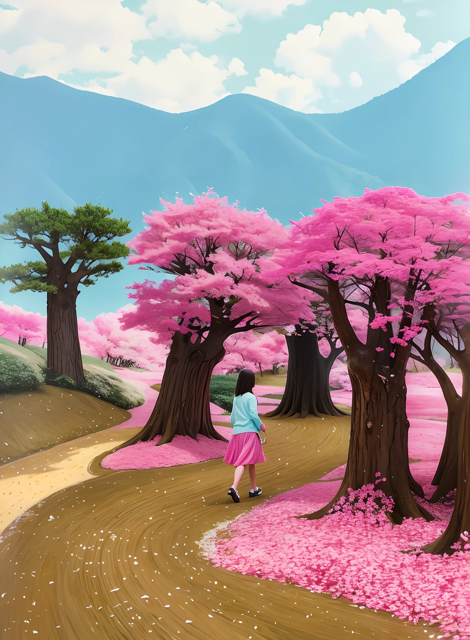 Drawing a girl walking in a forest with trees and flowers, in pink forest, pink forest, cherry blossom forest, candy forest, in candy forest, illustration for children, oil stick --auto --s2