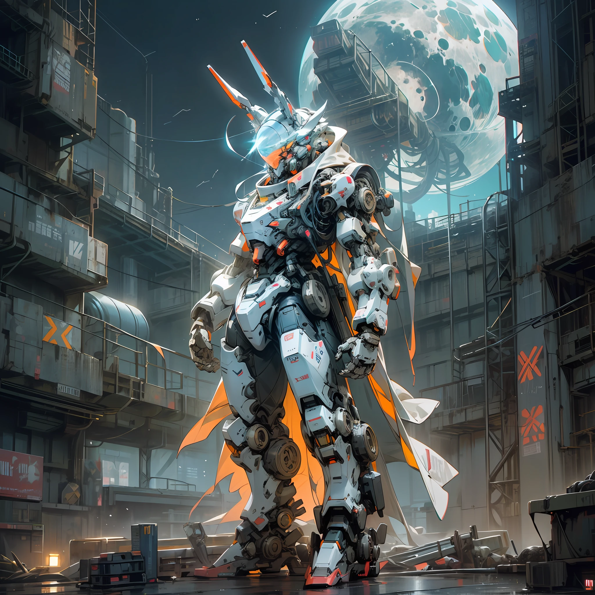 On the Moon, Barren Planet, Ruins, Holding Weapons, No Humans, Glowing, Full Body, Robot, Light Mech, Head in Mechanical Style Rabbit Head, Building, Glowing Eyes, White Mech, Science Fiction, City, Reality, Mecha, Galactic Background, Neon, Cyberpunk