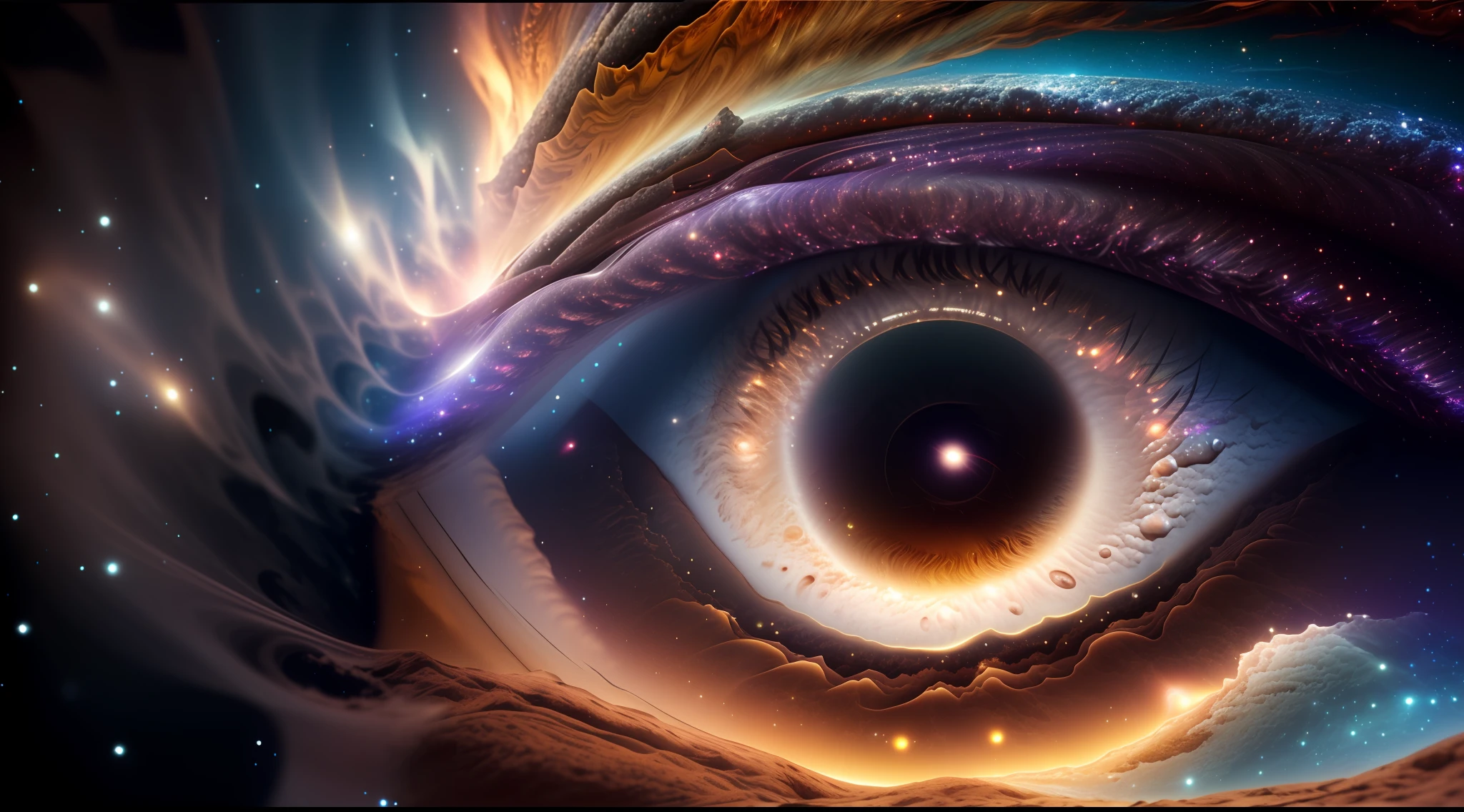masterpiece, sharp, ultra detailed, 8k,an eyes made by milky way, the midle of the eye is a black hole,( human eye shape), ((soft dimmed light)), angle view, best quality, dimmed, (high detailed background:1.2),8k uhd, dslr, soft lighting, high quality, film grain, Fujifilm XT3, intricate detail,
