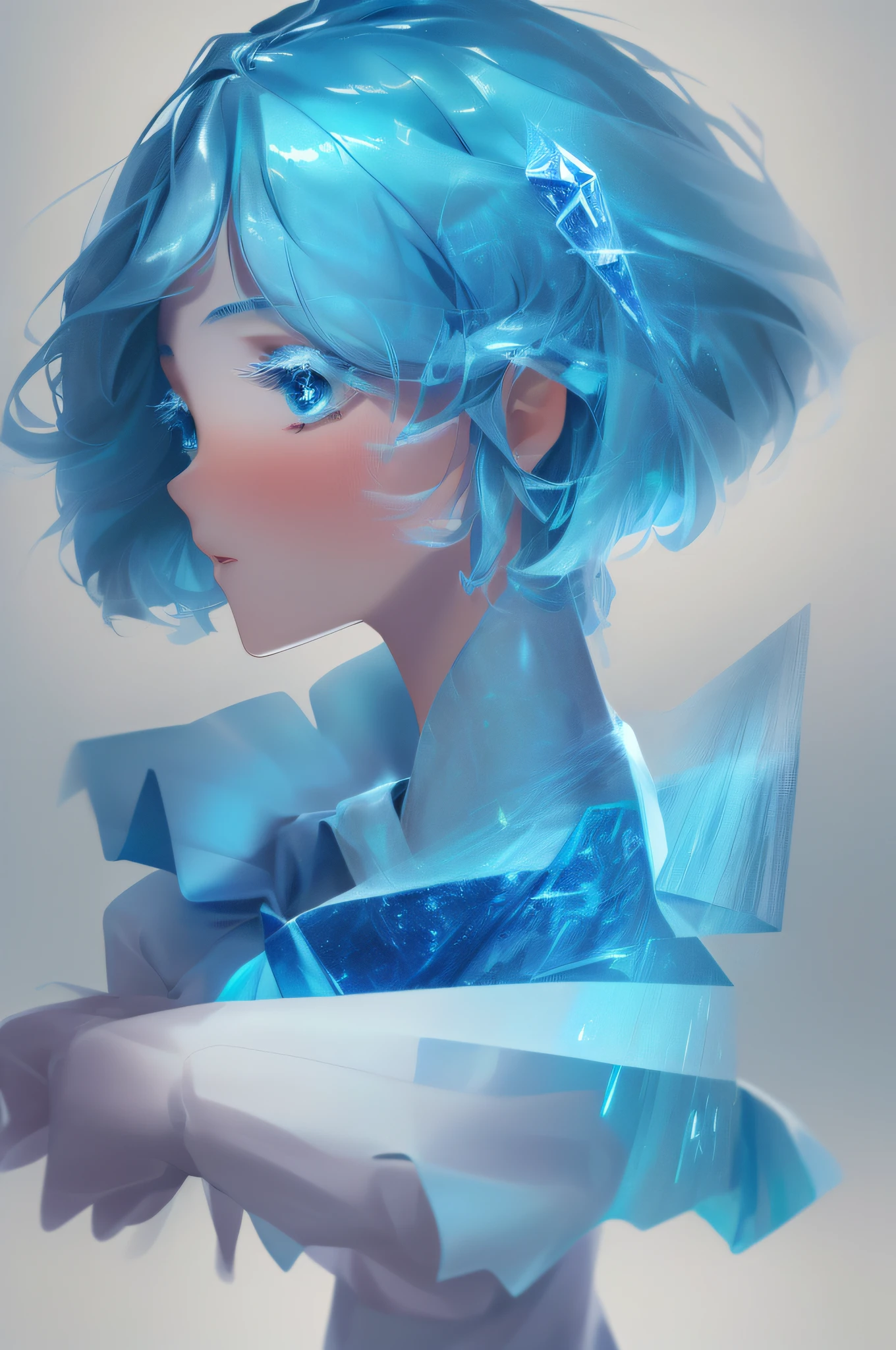 (((masterpiece))), best quality, illustration, 4K wallpaper, cinematic light, Absurdres, protrait of 1girl, short hair, blue crystal hair, looking at viewer, glow hair, bloom hair, clothing fantasy