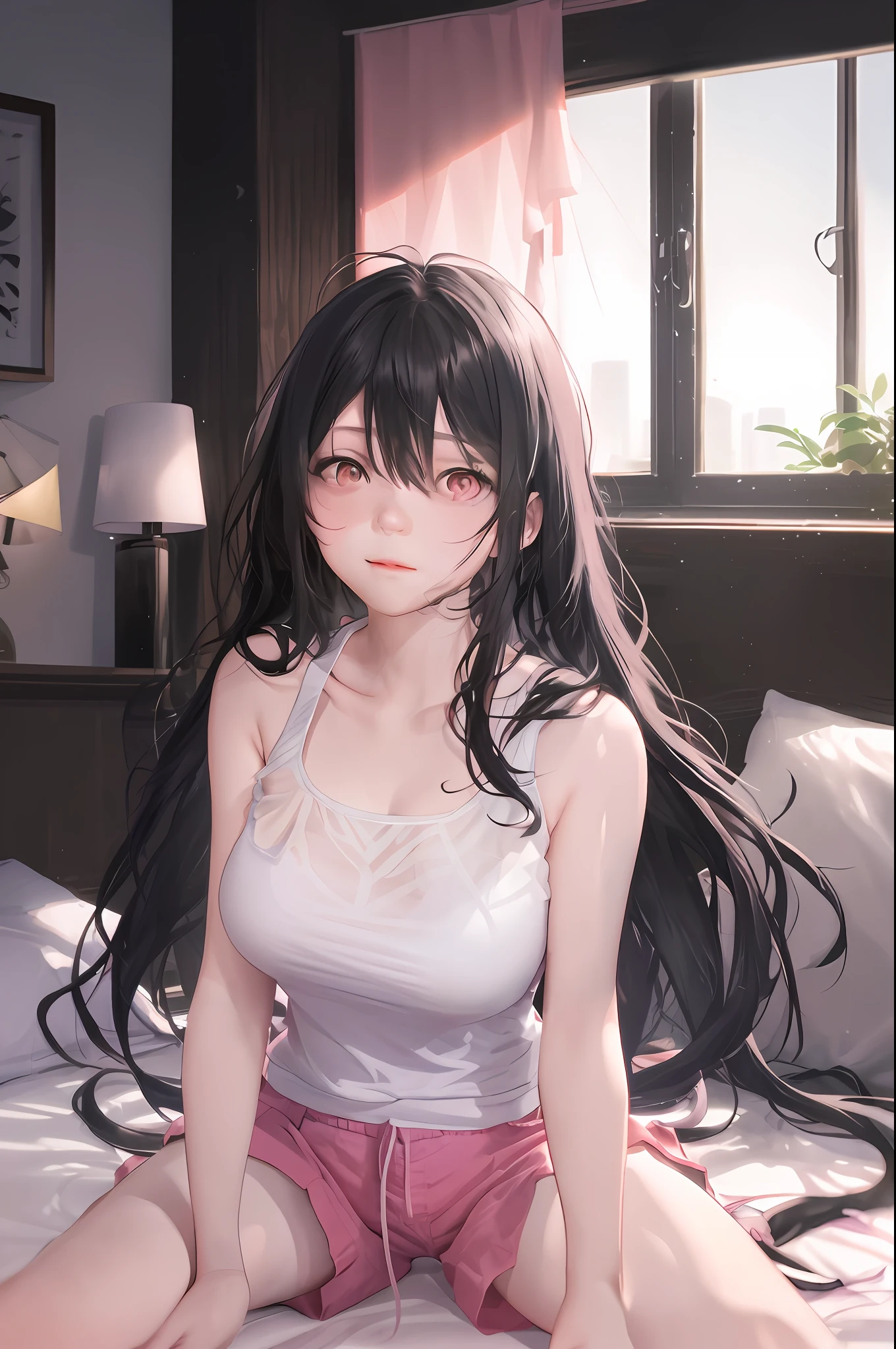 1girl, smile, pink eyes, black hair, long hair, bangs, tank top, shorts, bed, indoor, cinematic lighting, windows, pink curtain