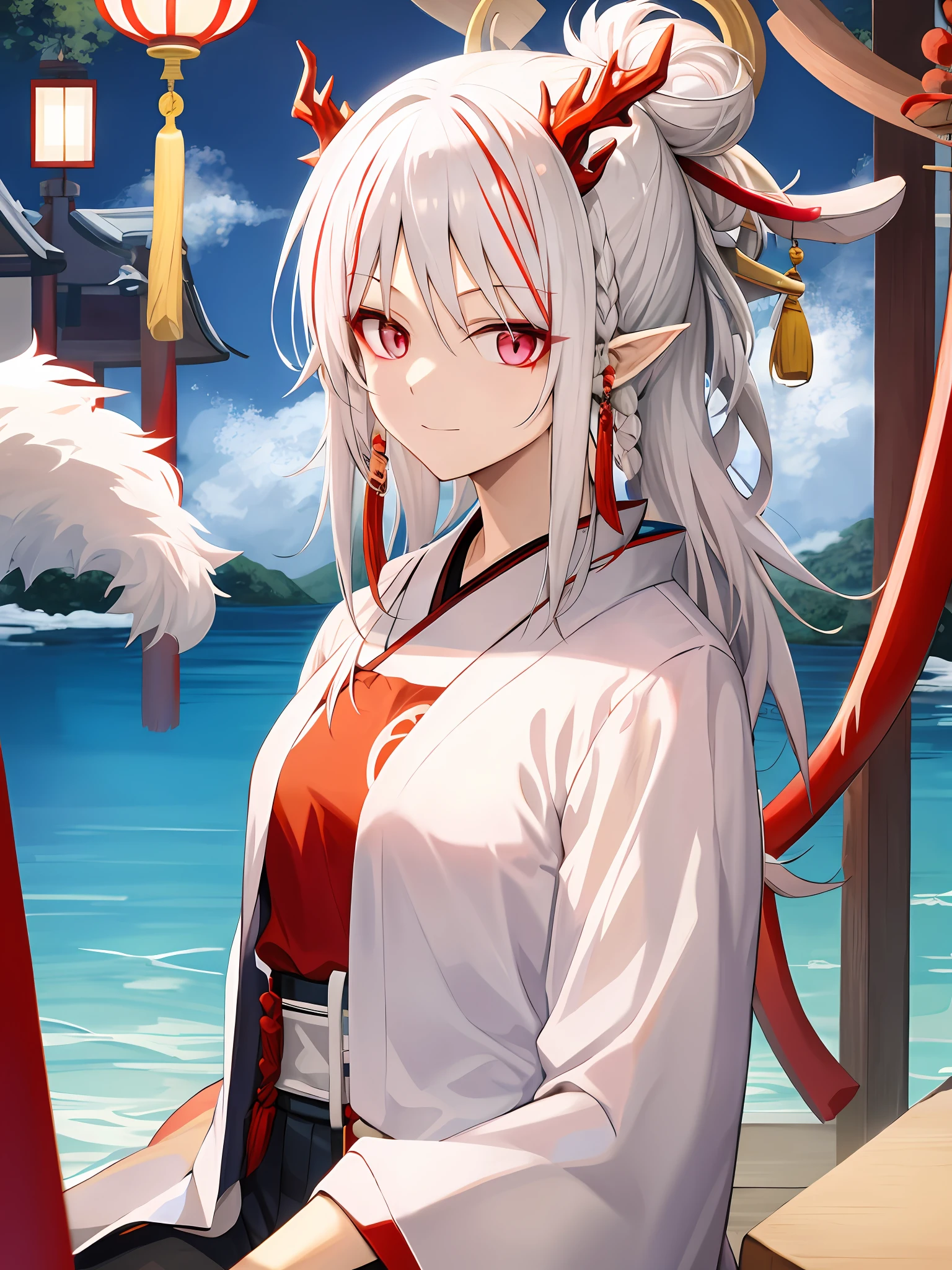 Japanese anime style white hair upper body red eyes