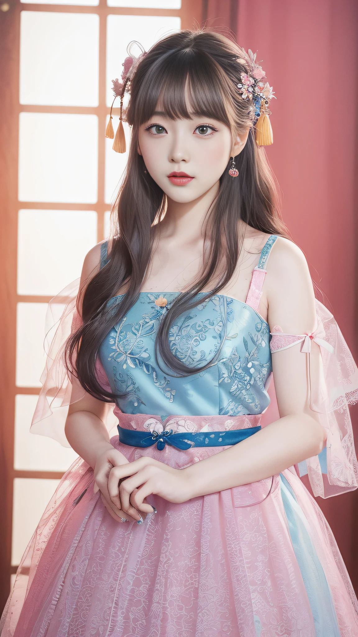 there is a woman in a pink and blue dress posing for a picture, inspired by Sim Sa-jeong, sha xi, full body xianxia, inspired by Huang Ji, belle delphine, artwork in the style of guweiz, trending on cgstation, palace , a girl in hanfu, inspired by Lan Ying, soft portrait shot 8 k