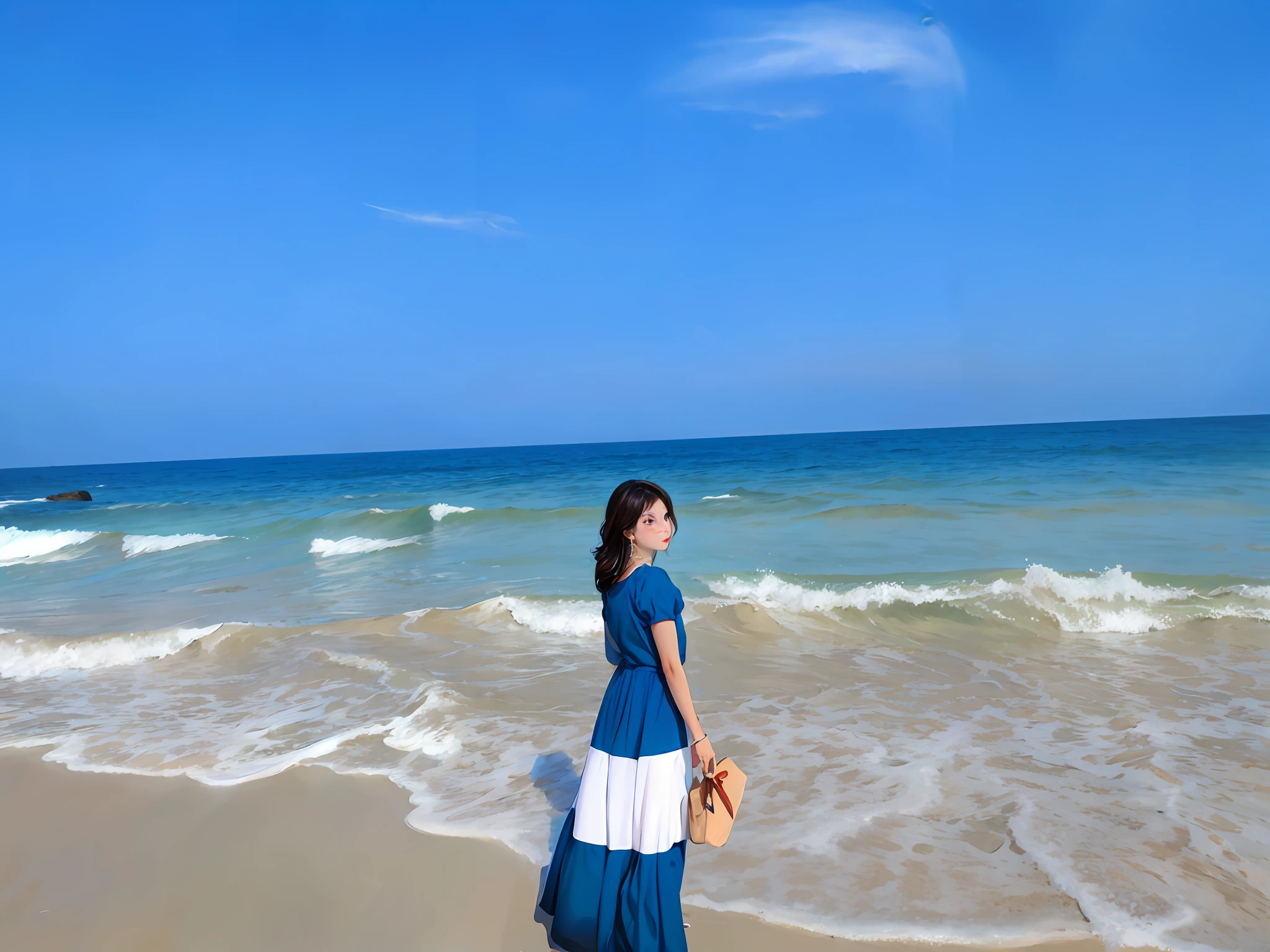 1girl,highres, high quality, masterpiece, mxmk_whitedress ,purple eyes, white dress, beach ,long hair, sea