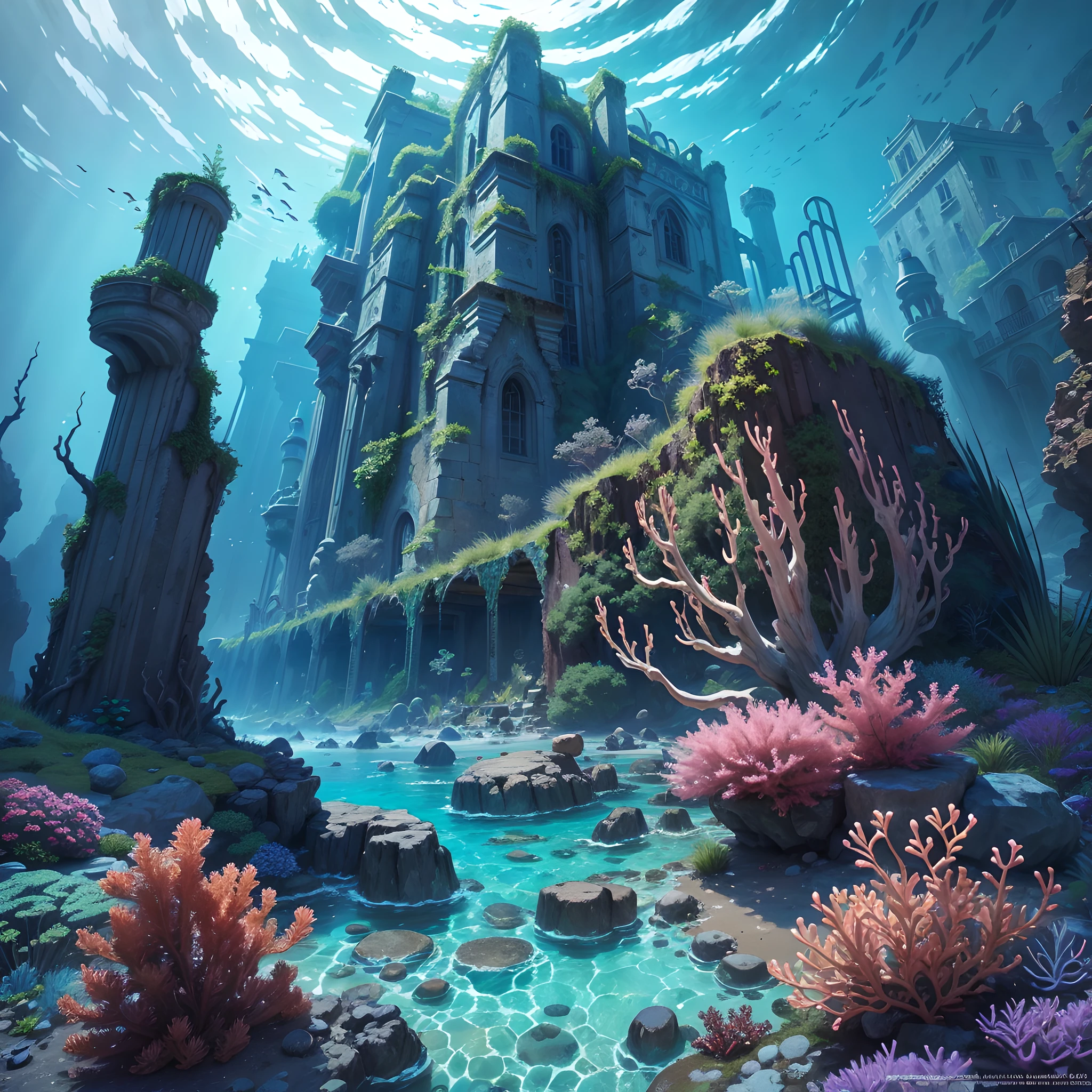 Underwater World Atlantis, Deep Sea, Epic Reality, (HDR: 1.4), dappled sunlight shining down from the left side through the sea, warm colors, ancient ruins, ocean-type houses full of design, deep-sea creatures, corals, golden quicksand and sand, fantastical and incredible, epic composition, (intricate details, hyper-detail: 1.2), art station, (masterpiece, best quality) --auto --v 6 --s2