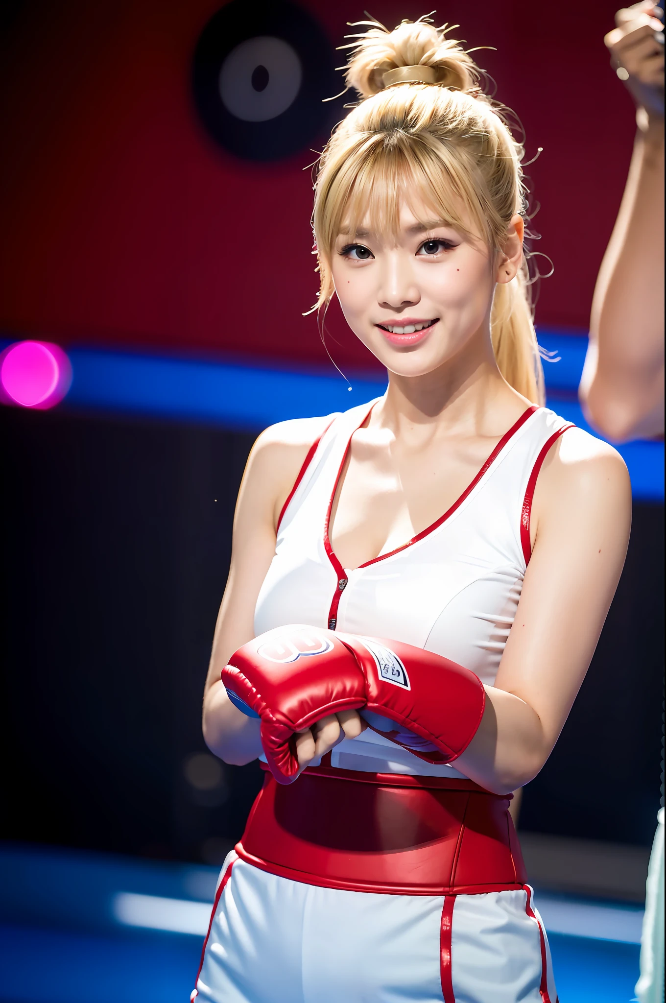 (8K, Ultra High Resolution, Best Quality, Masterpiece: 1.1), (Realistic, Photorealistic: 1.1), Ultra Detail, Bloom, Bokeh, Film Lighting, Light Glow, Boxing Ring, 1 Girl, Japan Girl, (Athlete: 1.1), Beautiful Detail Eyes, Beautiful Detail Teeth, Smile, (Full Body: 1.1), Slim, Flat Chest, Blonde Ponytail Hairstyle, Bangs , square face, upturned eyes, button nose, shallow man, berry plump lips, boxing, red boxing costume,
