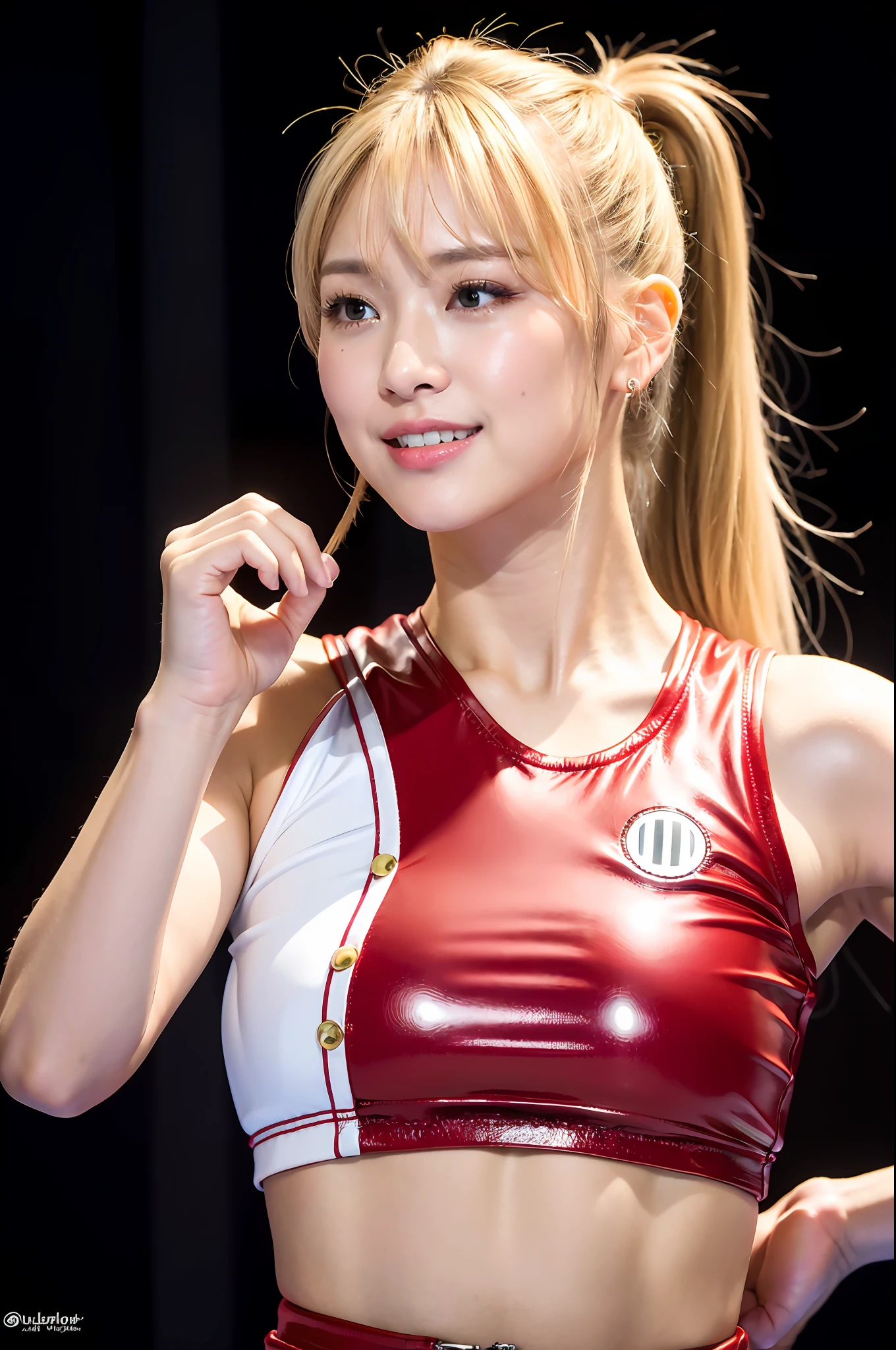 (8K, Ultra High Resolution, Best Quality, Masterpiece: 1.1), (Realistic, Photorealistic: 1.1), Ultra Detail, Bloom, Bokeh, Film Lighting, Light Glow, Boxing Ring, 1 Girl, Japan Girl, (Athlete: 1.1), Beautiful Detail Eyes, Beautiful Detail Teeth, Smile, (Full Body: 1.1), Slim, Flat Chest, Blonde Ponytail Hairstyle, Bangs , square face, upturned eyes, button nose, shallow man, berry plump lips, boxing, red boxing costume,