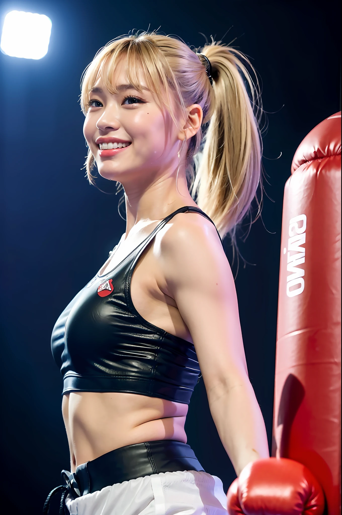 (8K, Ultra High Resolution, Best Quality, Masterpiece: 1.1), (Realistic, Photorealistic: 1.1), Ultra Detail, Bloom, Bokeh, Film Lighting, Light Glow, Boxing Ring, 1 Girl, Japan Girl, (Athlete: 1.1), Beautiful Detail Eyes, Beautiful Detail Teeth, Smile, (Full Body: 1.1), Slim, Flat Chest, Blonde Ponytail Hairstyle, Bangs , square face, upturned eyes, button nose, shallow man, berry plump lips, boxing, red boxing costume,