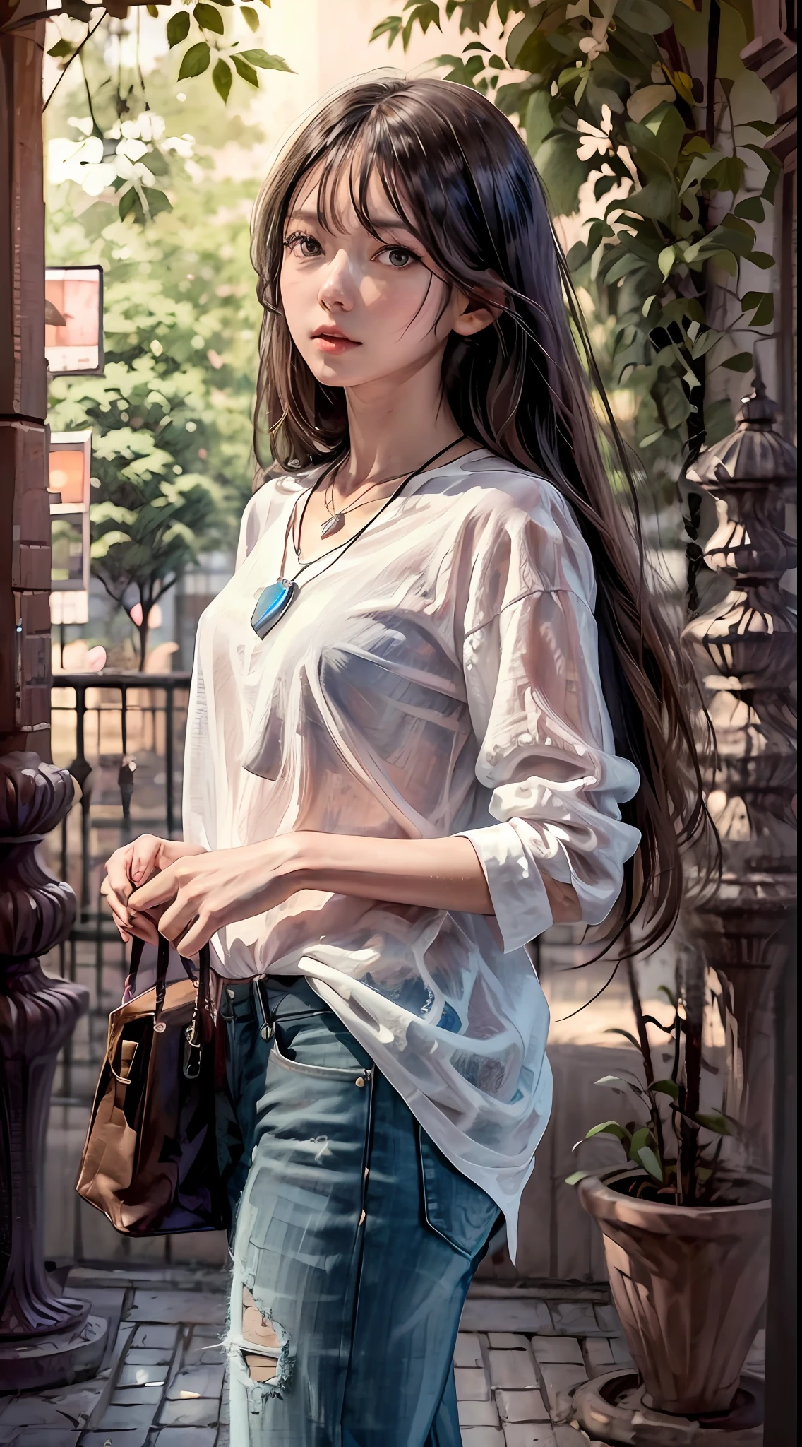 4k, June scenery, Beautiful woman, long hair, brown hair, medium breasts, blue eyes, white shirt, half pants, neon heart necklace, looking at viewer, night, hydrangea