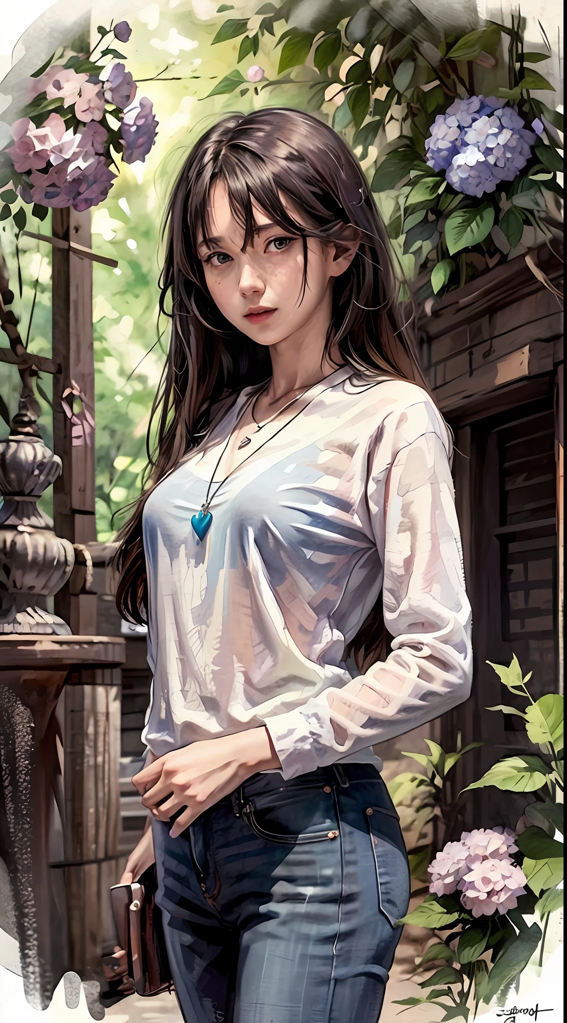 4k, June scenery, Beautiful woman, long hair, brown hair, medium breasts, blue eyes, white shirt, half pants, neon heart necklace, looking at viewer, night, hydrangea