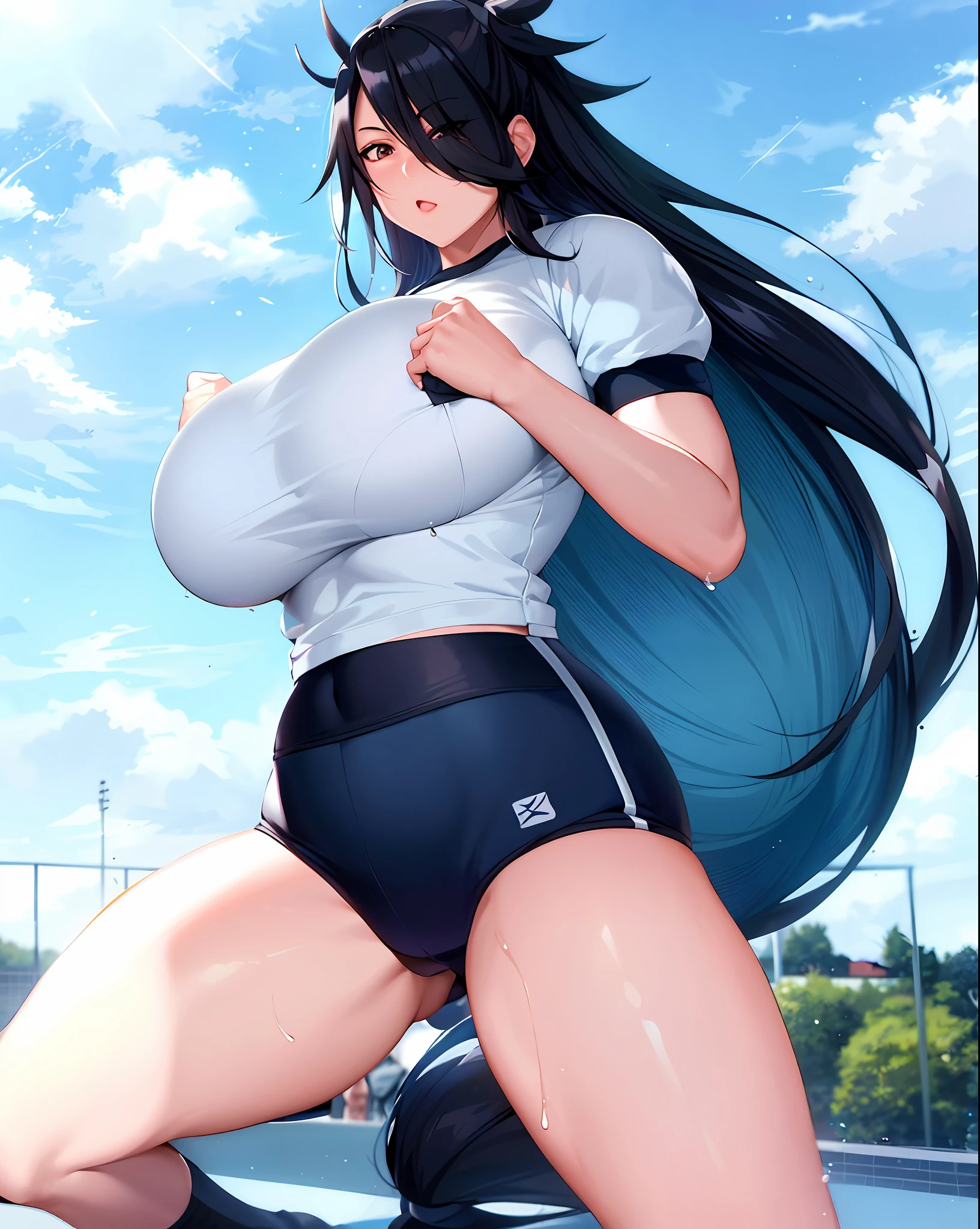 anime girl with long black hair and blue shorts on a tennis court, chun li at the gym, tifa lockhart, tifa, oppai, sfw huge breasts, tifa lockhart portrait, tifa lockheart, seductive tifa lockhart portrait, seductive anime girl, hinata hyuga, ilya kuvshinov with long hair, big breasts!
