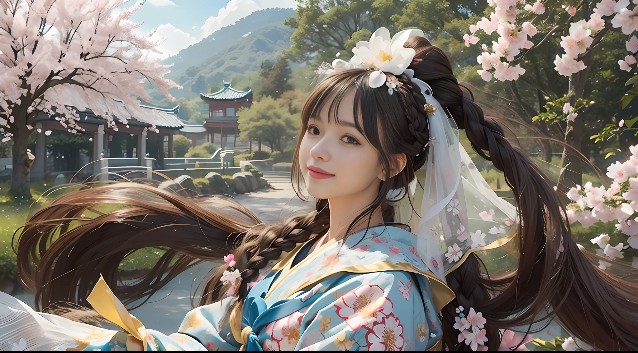 1 Girl, Solo, Outdoor, Cute Tang Dynasty Girl,8k, sideways, veil, ((Tang costume, long hair, braided hair, hair knot, NFSW,)), floral print, (hair accessory: 1.5), looking at the audience, hair flower, brown eyes, bangs, masterpiece, best quality, reality, cherry blossom forest, torii, early morning, flowers, smile, petals, cloister of light,