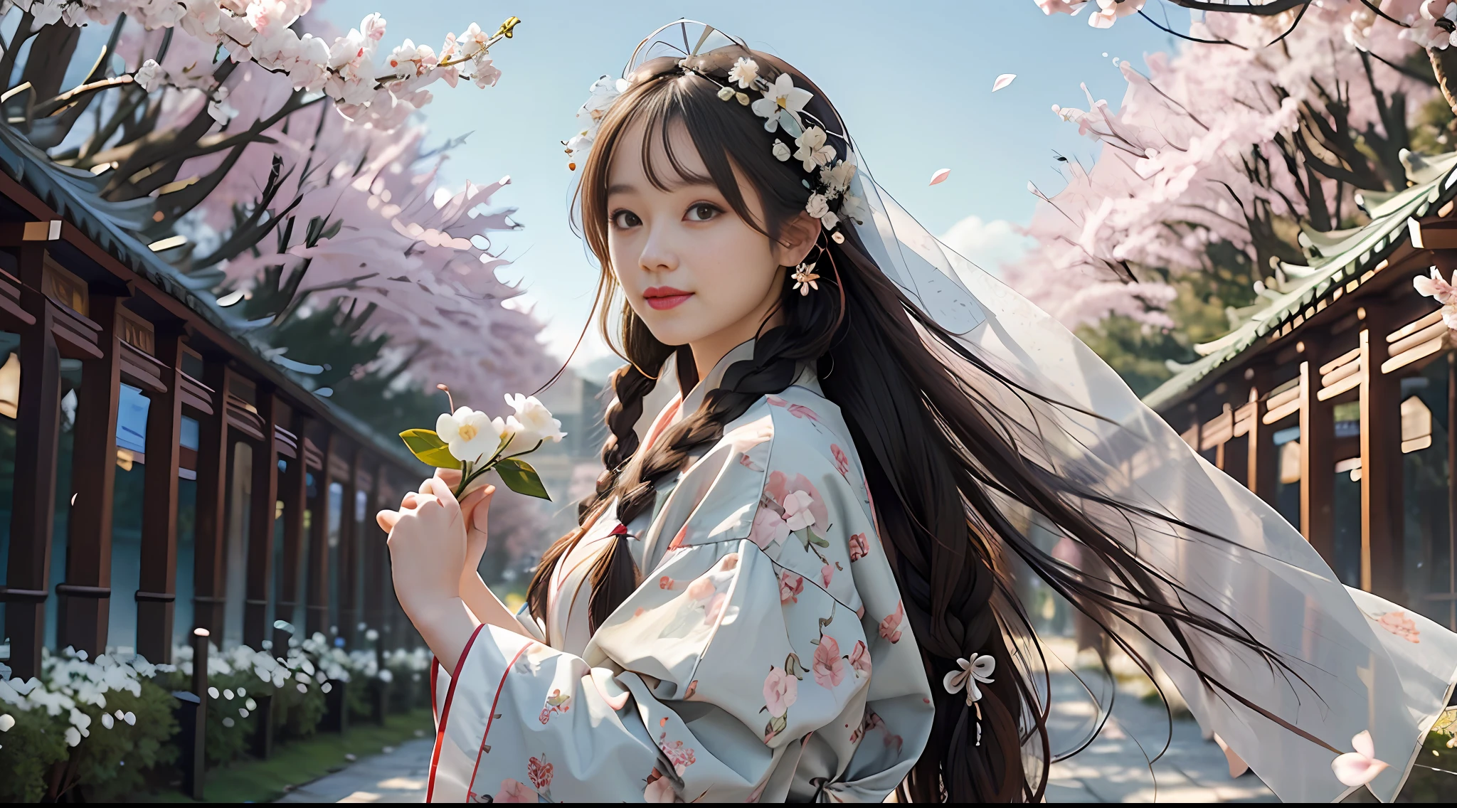 1 Girl, Solo, Outdoor, Cute Tang Dynasty Girl,8k, sideways, veil, ((Tang costume, long hair, braided hair, hair knot, NFSW,)), floral print, (hair accessory: 1.5), looking at the audience, hair flower, brown eyes, bangs, masterpiece, best quality, reality, cherry blossom forest, torii, early morning, flowers, smile, petals, cloister of light,