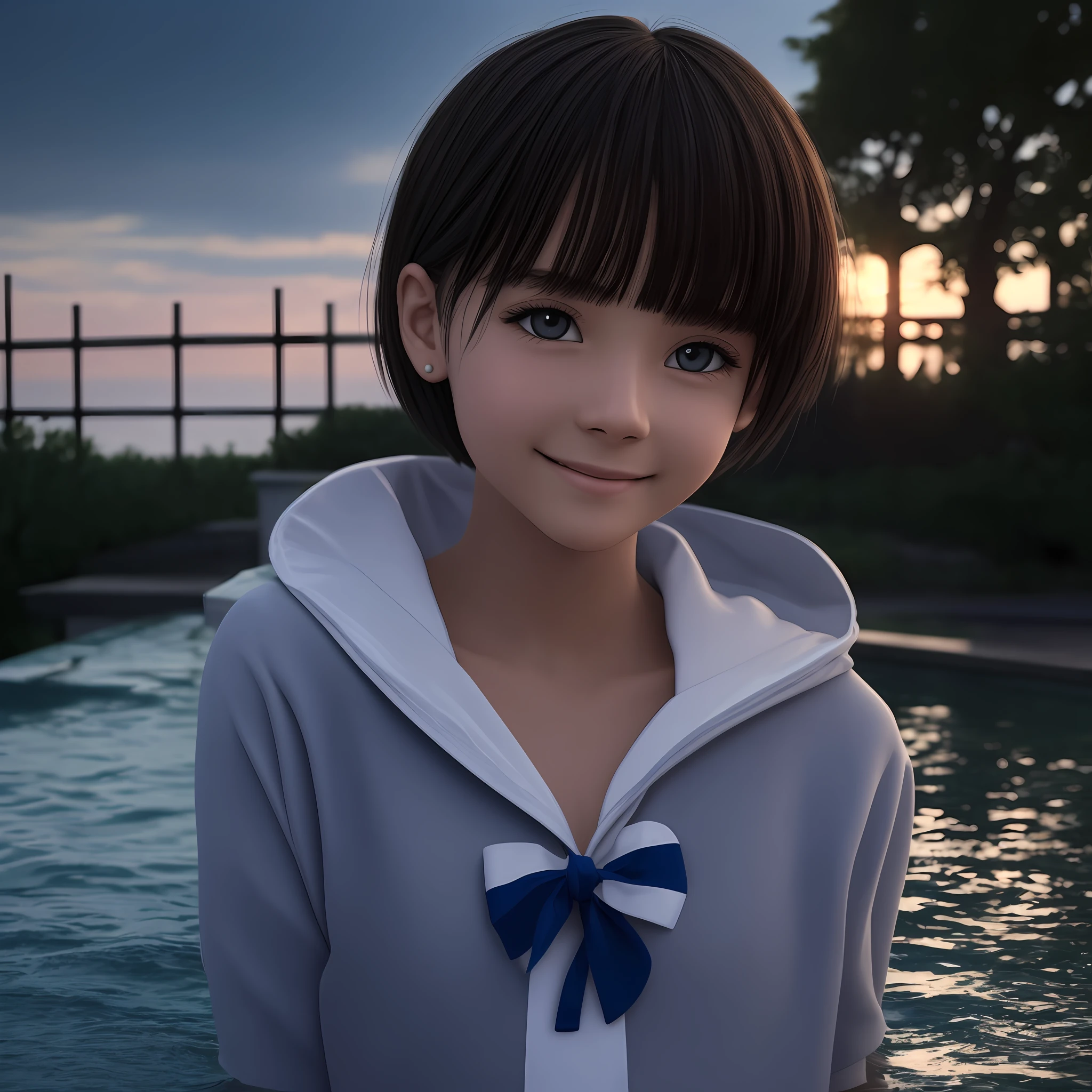 8k, ultra detailed, realistic, high-resolution, photorealistic, photo-like, top quality, single, 12 years old, realistic skin, beautiful skin, realistic eyes, beautiful eyes, realistic face, beautiful face, very short hair, big, sailor suit, high leg, open leg, smile, Japan person, heavy rain, wet hair, wet skin, poolside --auto --s2