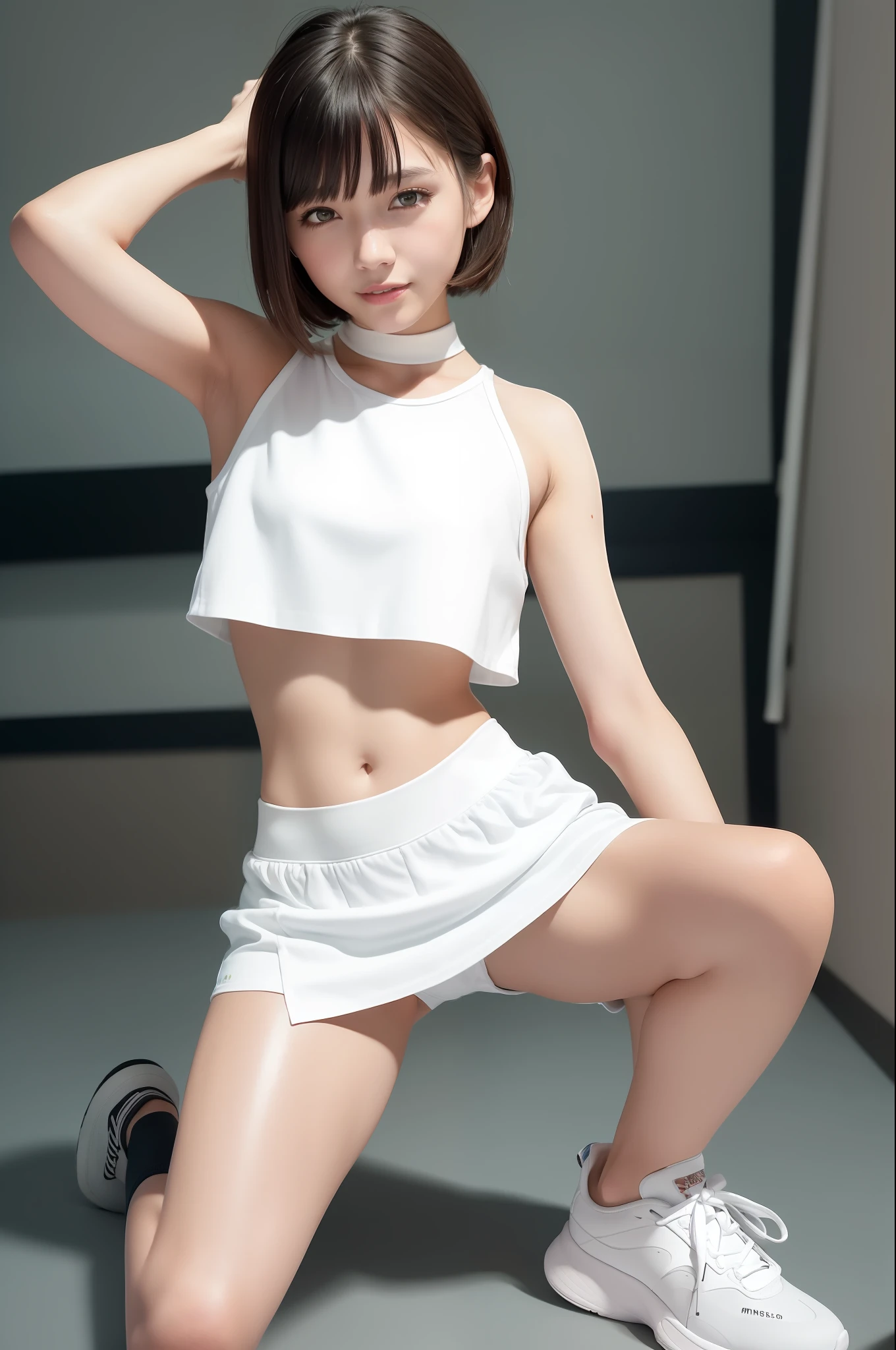 (RAW Photo: 1.2), (Photoreal: 1.4), (Masterpiece: 1.3), (Best Quality: 1.4), Ultra High Resolution, HDR, 8k Resolution, Dreamy, Check Commentary, Commentary Request, Landscape, (((No Text)), Solo Focus, (Full Body), (Eye Details), (Facial Feature Details), (Clothing Feature Details), Skin Tight, (Shiny Skin), ( slender girl), (slim girl), (one girl, solo), VirtualGirl-Rin, happy, smile, (small), petanko, bangs, bob hair, short hair, brown hair, brown eyes, black choker, college student, high school girl, white high school athletic wear, open leg rollover, stretch, mini skirt, pure white shorts, sneakers,