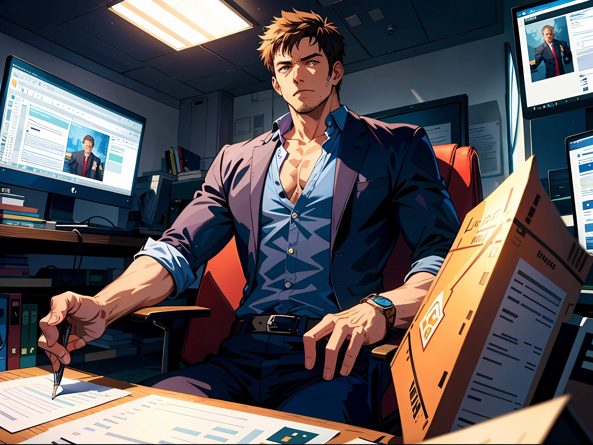 High resolution, highest quality, illustrations, super detail, a heroic middle-aged entrepreneur is sitting in the office
