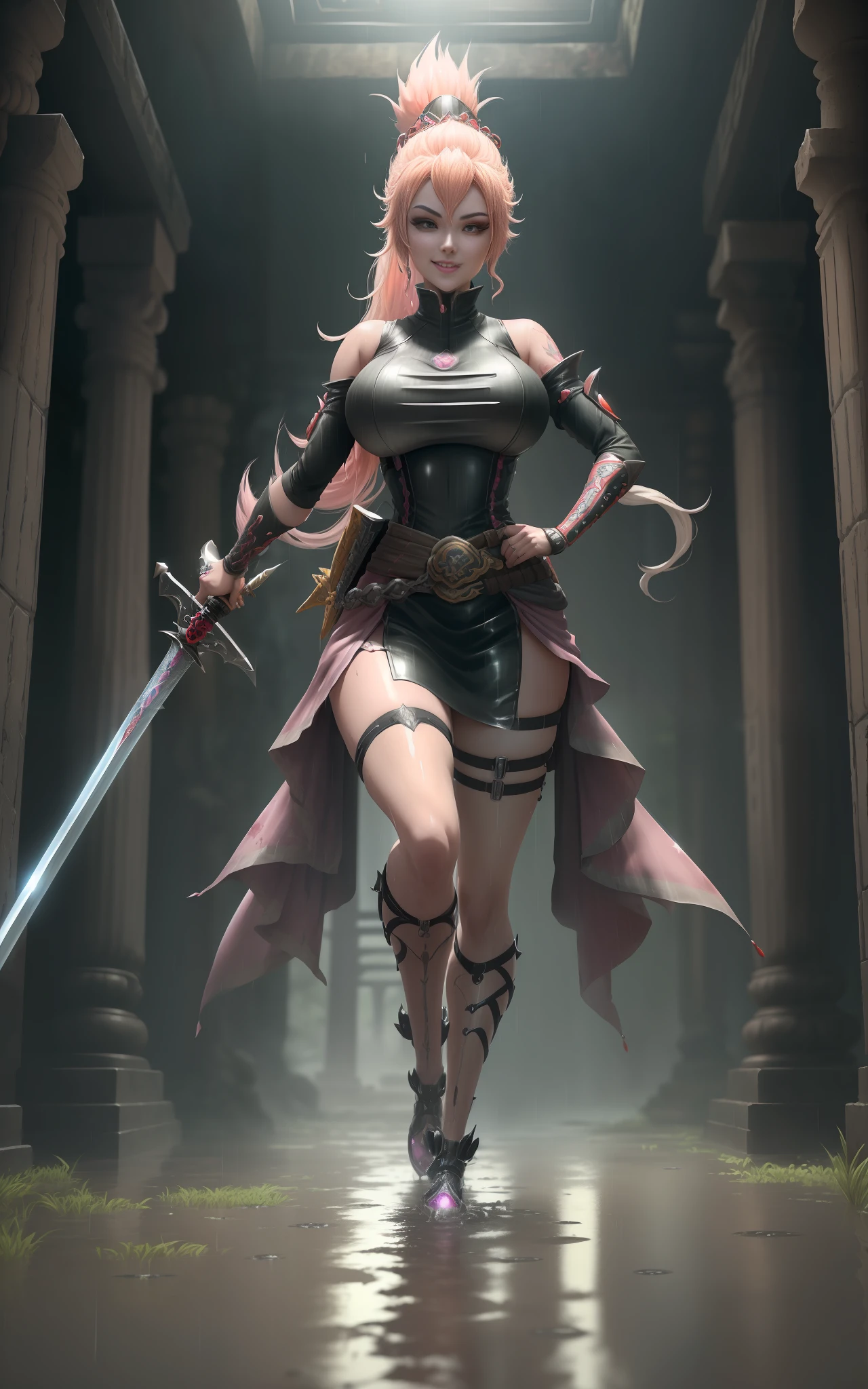 (1 Princess Peach/cybernetic suit/Ninja/huge breasts/Mohawk hair/full body tattoos/Katana/bloodbath/clothing/body, Unreal Engine 5, Anime Style, Masterpiece, Max Resolution/Sharpness/Quality/detail, (running very fast), (sword wielded above waist), staring at the viewer/smiling/clothing and body all wet, in a macabre ancient temple with extremely heavy rain with half-flooded ground.