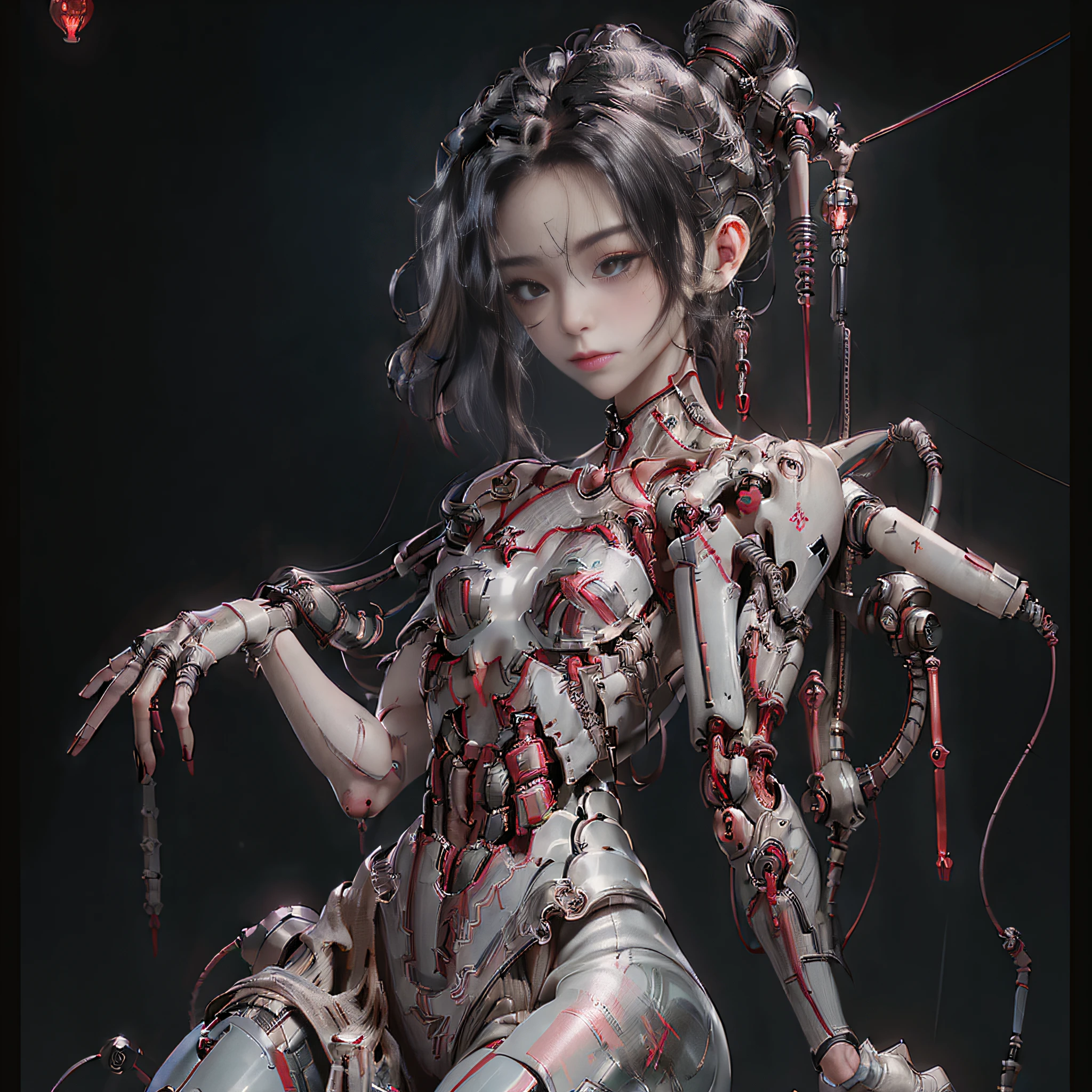 (((masterpiece))), ((best quality))), ((ultra-detailed)), (CG illustration), (an extremely devious and beautiful)), (cute desktop face), cinematic light, ((1 mechanical girl)), solo, whole body, (machine-made joints). : 1.4), ((mechanical limbs)), (bursting muscles), (blood vessels attached to tubes), (brain in containers: 1.3), ((mechanical vertebrae attached to the back)), ((mechanical cervical vertebrae attached to the neck)), ((sitting)), expressionless, (wires and cables attached to the head and body: 1.5), small breasts, short hair, (character focus), five slender fingers, beautiful fingers, science fiction, hands tied to a stool.