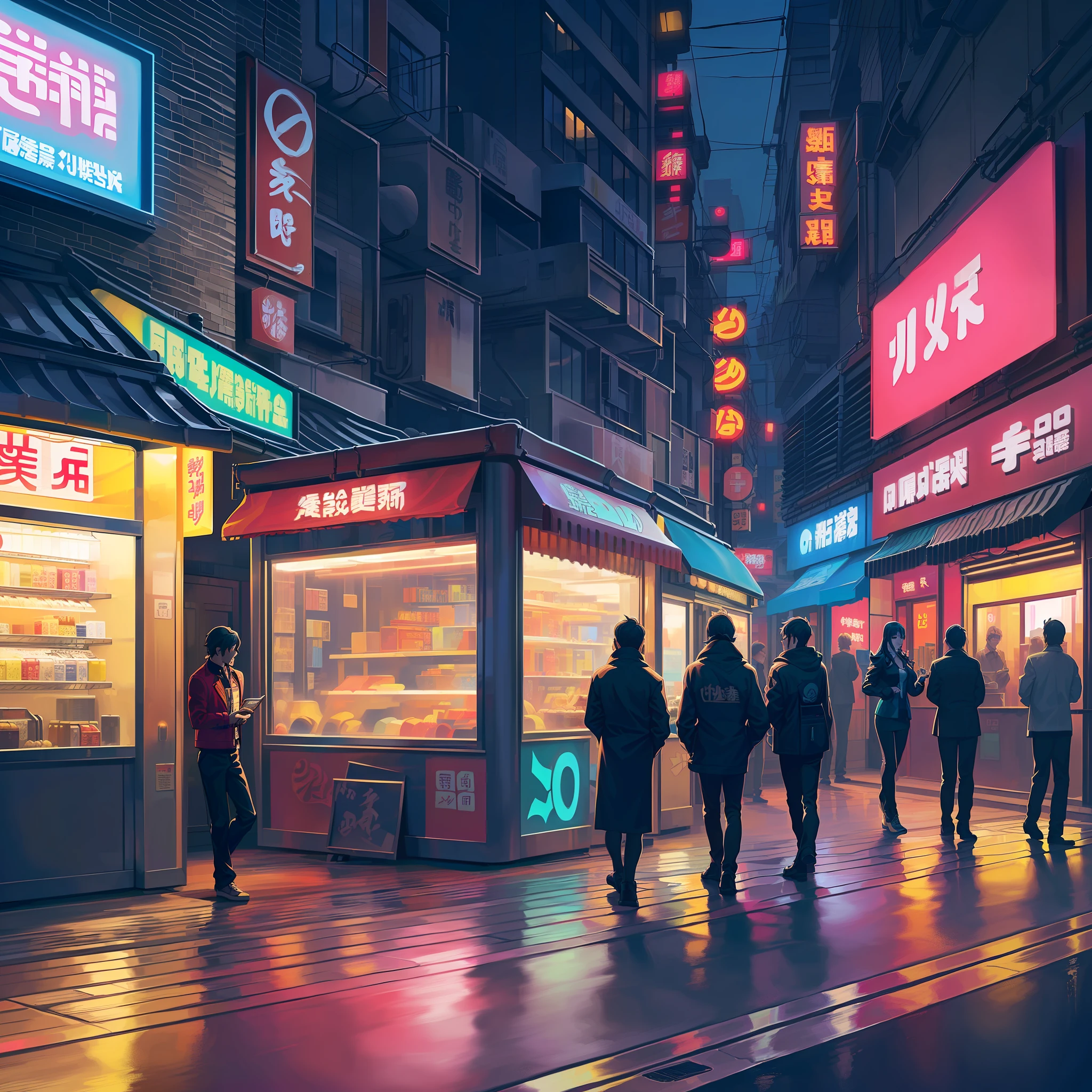 A mobile vending car, in the middle of the street, people walking on the street at night in the city with neon signs, GTA Chinatowon art style, anime style city landscape, street background