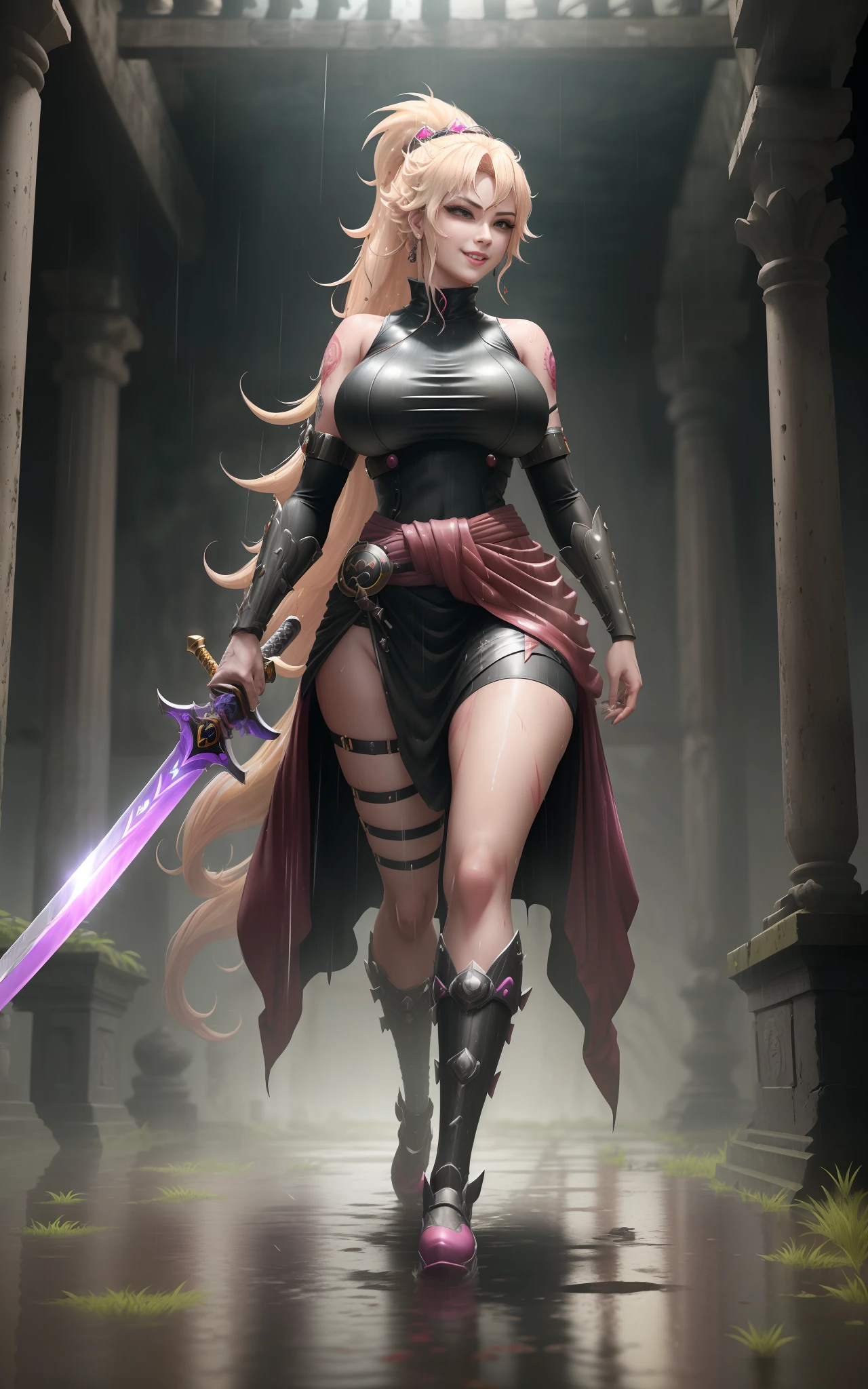 (1 Princess Peach/cybernetic suit/Ninja/huge breasts/Mohawk hair/full body tattoos/Katana/bloodbath/clothing/body, Unreal Engine 5, Anime Style, Masterpiece, Max Resolution/Sharpness/Quality/detail, (running very fast), (sword wielded above waist), staring at the viewer/smiling/clothing and body all wet, in a macabre ancient temple with extremely heavy rain with half-flooded ground.