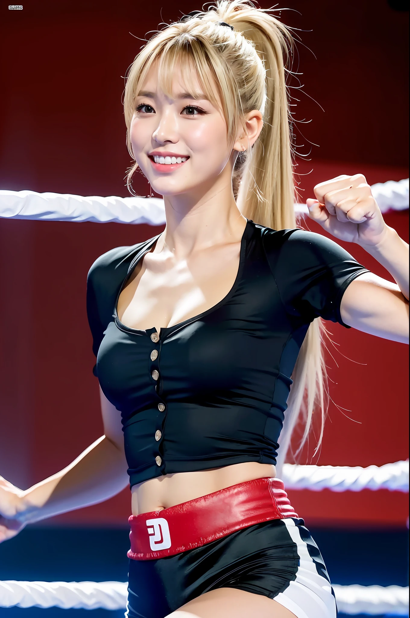 (8K, Ultra High Resolution, Best Picture Quality, Masterpiece: 1.1), (Realistic, Photorealistic: 1.1), Super Detail, Bloom, Bokeh, Film Lighting, Light Glow, 1 Girl, Japan Girl, (Athlete: 1.1), Beautiful Detail Eyes, Beautiful Detail Teeth, Smile, (Full Body: 1.1), Slim, Flat Chest, Blonde Ponytail Hairstyle, Bangs, Square Face, Upturned eyes, button nose, shallow man, belly plump lips, boxing, red boxing costume, mixed martial arts
