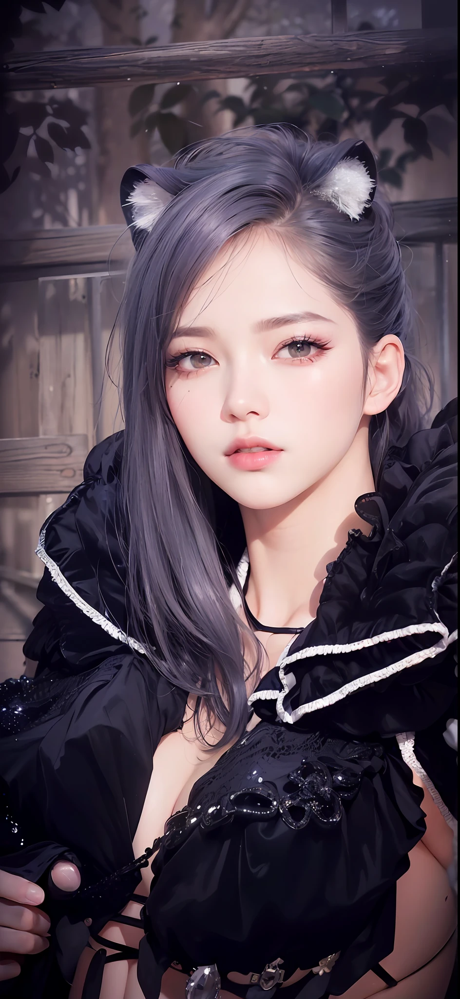 (8k, RAW photo, photorealistic:1.25) ,( lipgloss, eyelashes, gloss-face, glossy skin, best quality, ultra highres, depth of field, chromatic aberration, caustics, Broad lighting, natural shading, Kpop idol) looking at the audience With serenity and goddess-like bliss,