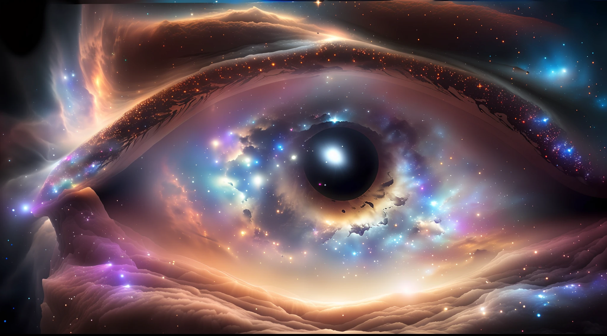 masterpiece, sharp, ultra detailed, 8k,an eyes made by milky way, the midle of the eye is a black hole,  ((soft dimmed light)), angle view, best quality,  dimmed, (high detailed background:1.2),8k uhd, dslr, soft lighting, high quality, film grain, Fujifilm XT3, intricate detail,
