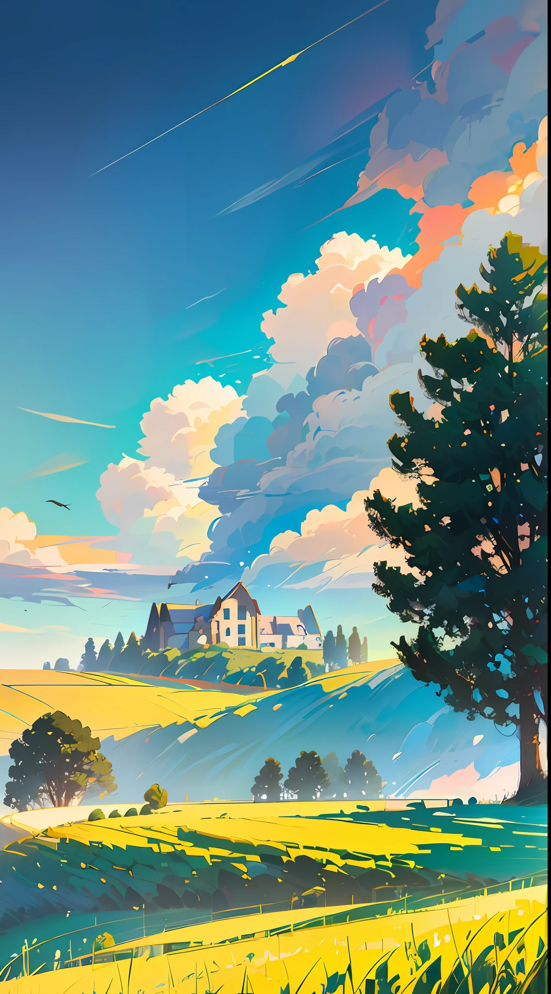 Rows of houses in the countryside, big clouds, blue sky, rice fields, neat rice seedlings in the fields, forests, hillsides, secluded, countryside, HD detail, hyper-detail, cinematic, surrealism, soft light, deep field focus bokeh, ray tracing and surrealism. --v6