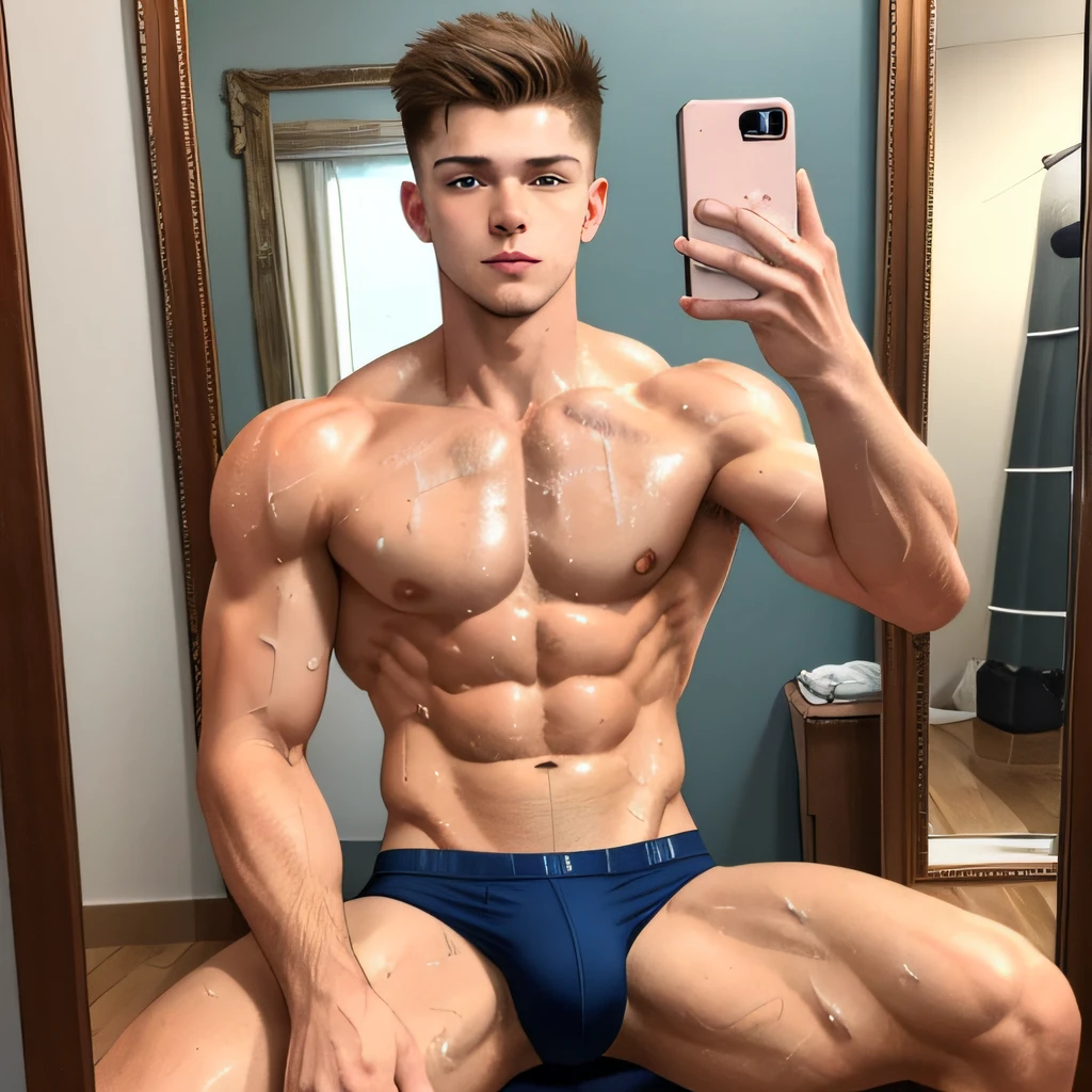 masterpiece, best quality, ultra detailed, realistic, sfw, 1boy, an attractive 18 years old fit caucasian boy sitting in front of a mirror taking selfie, flexing pose, ((sweat)), shirtless, wearing tight jockstrap, big bulge, vpl, smug, full body shot,