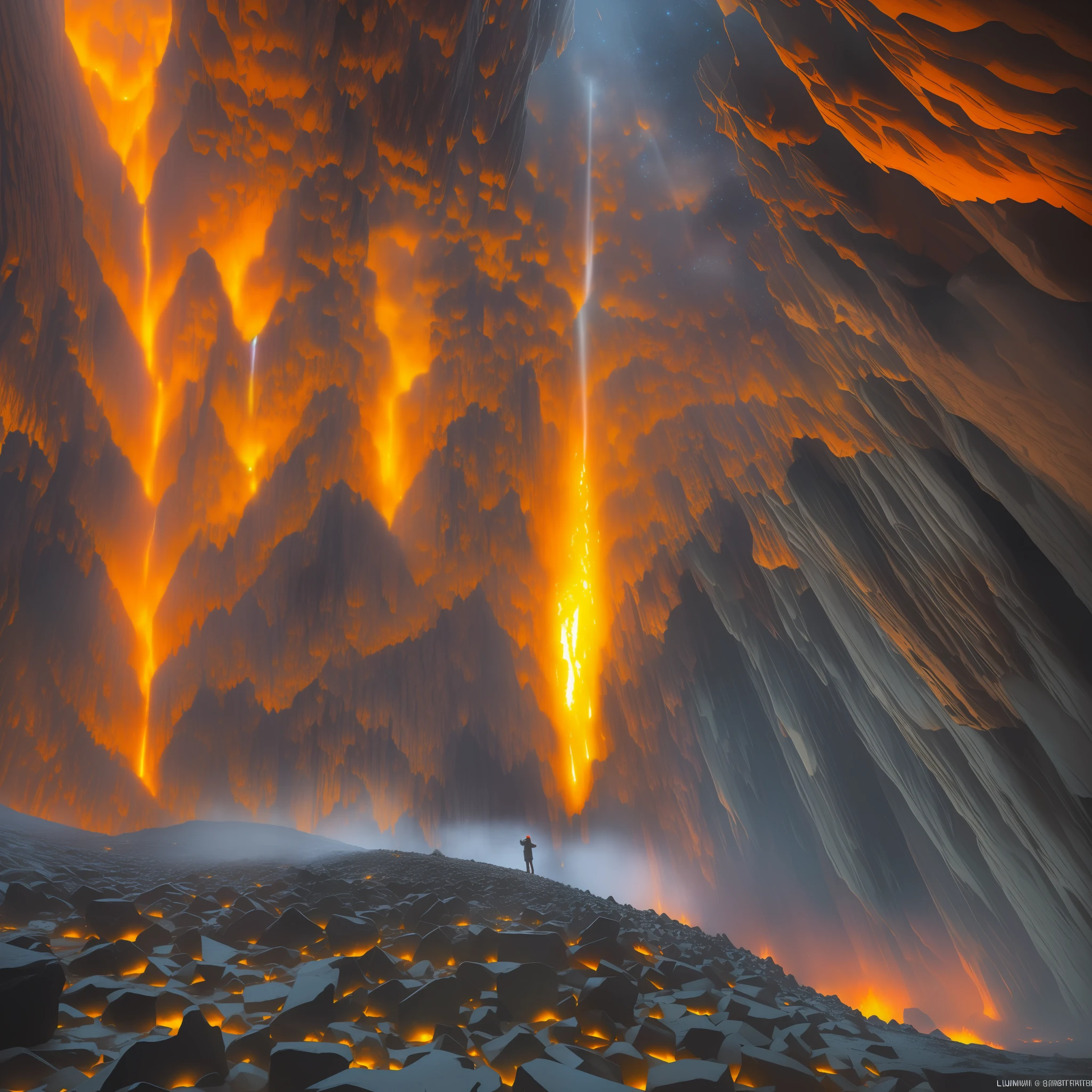 extensive landscape photography (view from below, which shows the vault of the cave, (detailed description of the cave), stalactites, stalagmites, as well as helicates, lake, lava, below), solo, gray-haired guy, 1:1, (ultradetailed description of appearance( standing on a stone ledge and looking down (lake of fire: 1.2), (falling stones: 0.9), (fire: 1.3), crystals, stones, lava, cave BREAK production art, (cold light source:1.2), (Firefly:1.2),  fire particles, a lot of dark, red, yellow and orange, complex details, volumetric lighting, realism BREAK (masterpiece:1.2), (best quality), 4k, ultra-detailed, (dynamic composition: 1.4), high detailed, colorful details, (gloomy colors: 1.2), (luminous lighting, atmospheric lighting), gloomy, magical, (solo: 1.2) --auto --s2