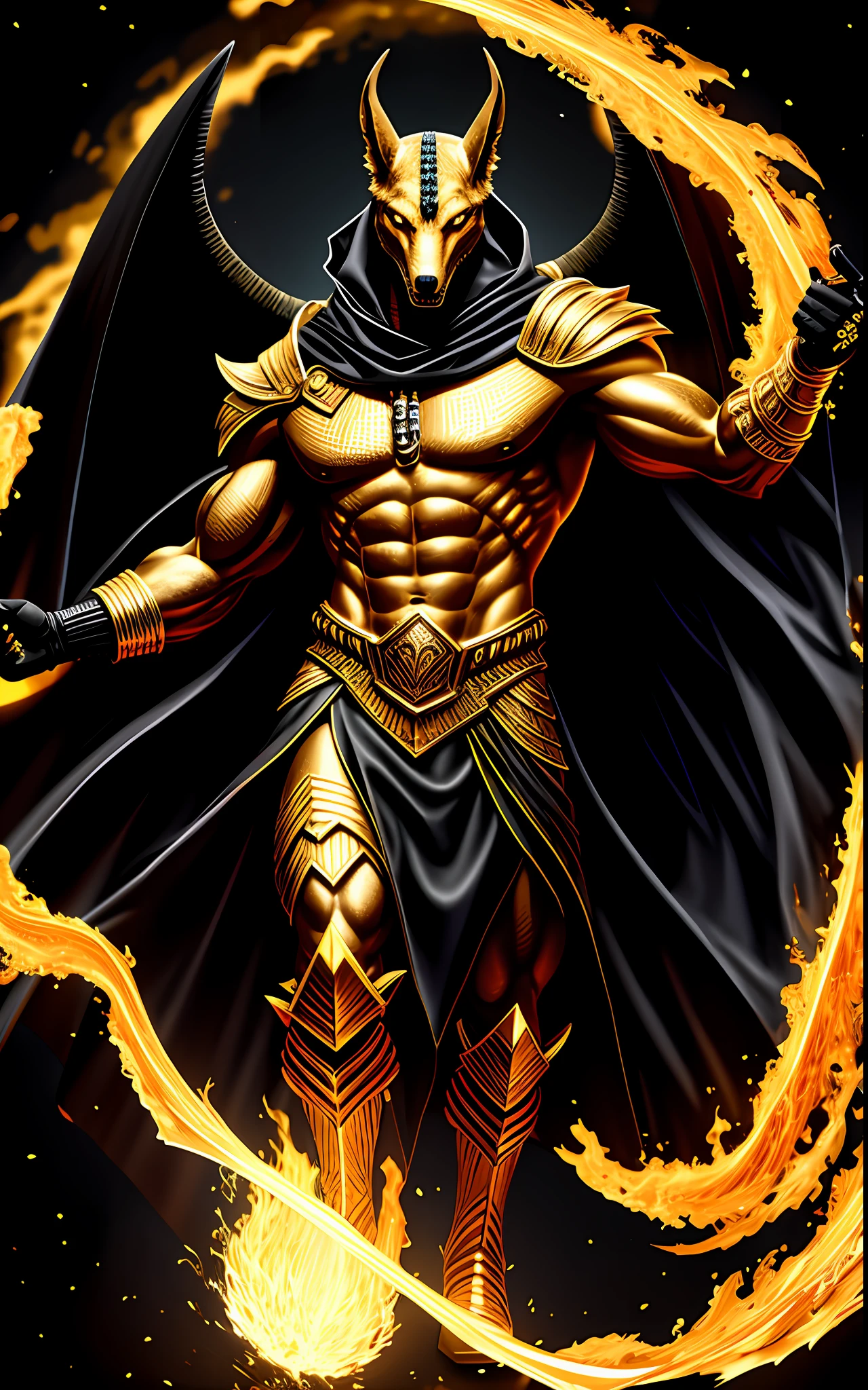 (high quality), photorealistic, (oil painting)
jewelry, (solo),
(dynamic pose), towards right, ((hell gate)), fire, hell landscape, (the underworld), (dark landscape),
anubis, egyptian jackal headed god, anthro, muscular, (holding golden scales), dynamic pose, cinematic, dramatic camera angle, golden armor:0.25, black & gold cape, (good anatomy), (good proportions), award winning, masterpiece, centered,