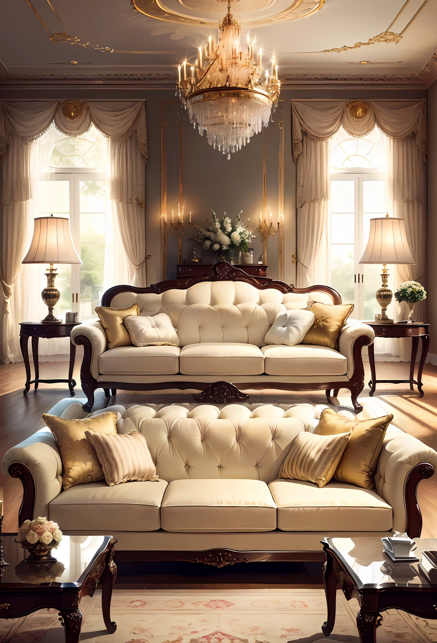 Living room decorated in European style, a luxurious and refined atmosphere. Intricate interior decoration details emphasize the refined style of the room, while a carefully considered decoration design adds an impeccable finishing touch.