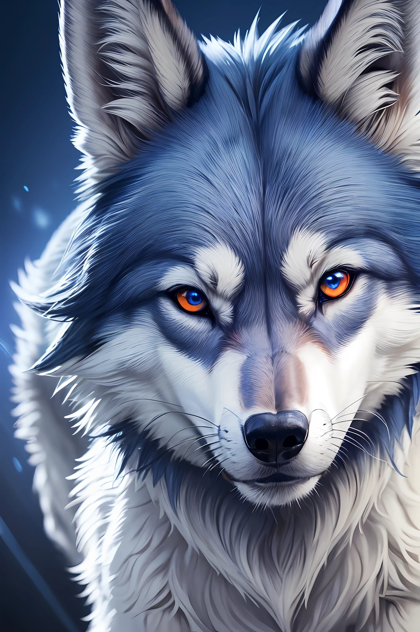 Ultra realistic full body wolf blue color with light red eyes, Studio with white background, low light, sharp, 4K, Ultra HD --auto --s2