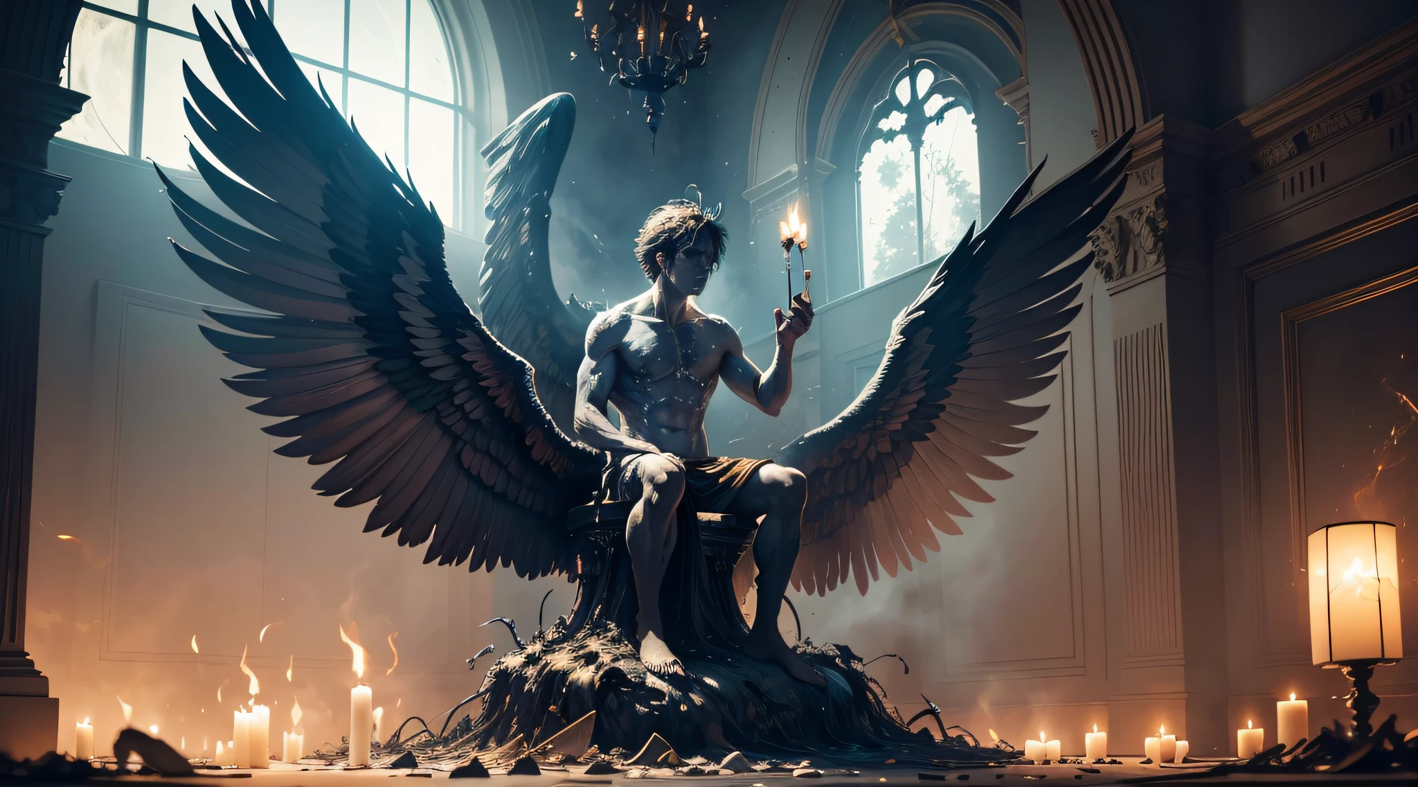 The oil painting depicts Icarus, a legendary figure from Greek mythology, in a dark and mysterious scene. Icarus is sitting on a majestic throne made entirely of melted wax. The room around him is immersed in a deep darkness, with no illumination other than the pale, dim light of the moon, which barely penetrates the shadows.

Icarus, depicted with a bored and dejected expression, is visibly dejected. Its body is carved in melted wax, creating a fluid and unstable appearance. The wax drips from it as if it were slowly melting, solidifying its shattered condition. His wings, once majestic, are now just molten remnants, like amorphous fragments around his body.

To complete the image, Icarus wears a chandelier crown on his head, symbolizing his fall and his tragic connection with fire. The melted candles of the crown cast a faint, quivering light, further highlighting his melancholy state.

The painting captures the sense of desolation and hopelessness, depicting Icarus as a being trapped in his own tragic fate. The darkness of the room, the melted wax and the undone wings reflect the catastrophe and the loss of his audacious ambition. Icarus, once soaring toward the sun, now finds himself imprisoned on a throne of decay, doomed to the eternity of boredom and repentance. --auto --s2