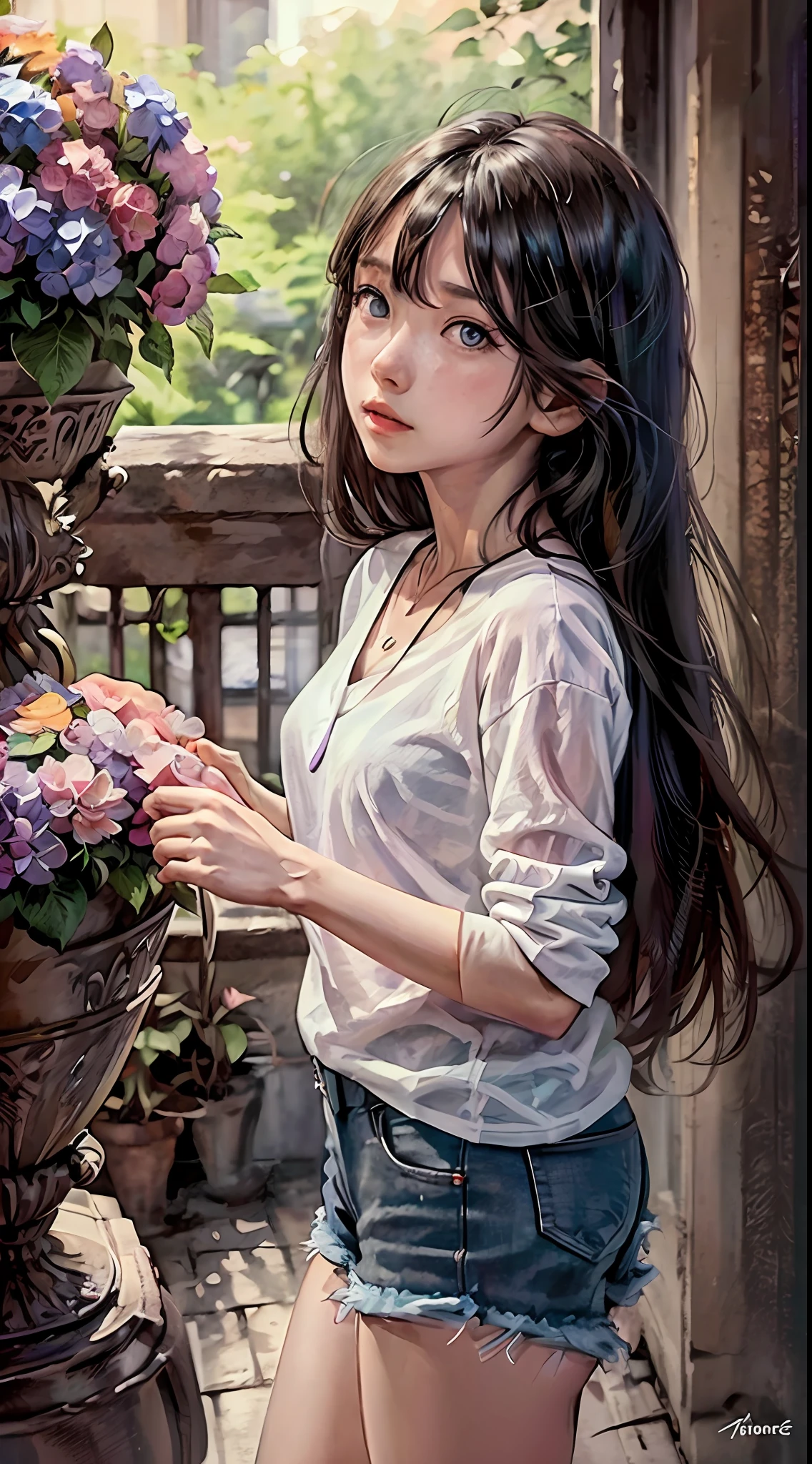 4k, June scenery, Beautiful woman, long hair, brown hair, medium breasts, blue eyes, white shirt, hot pants, neon red heart necklace, looking at viewer, night, colorful hydrangea