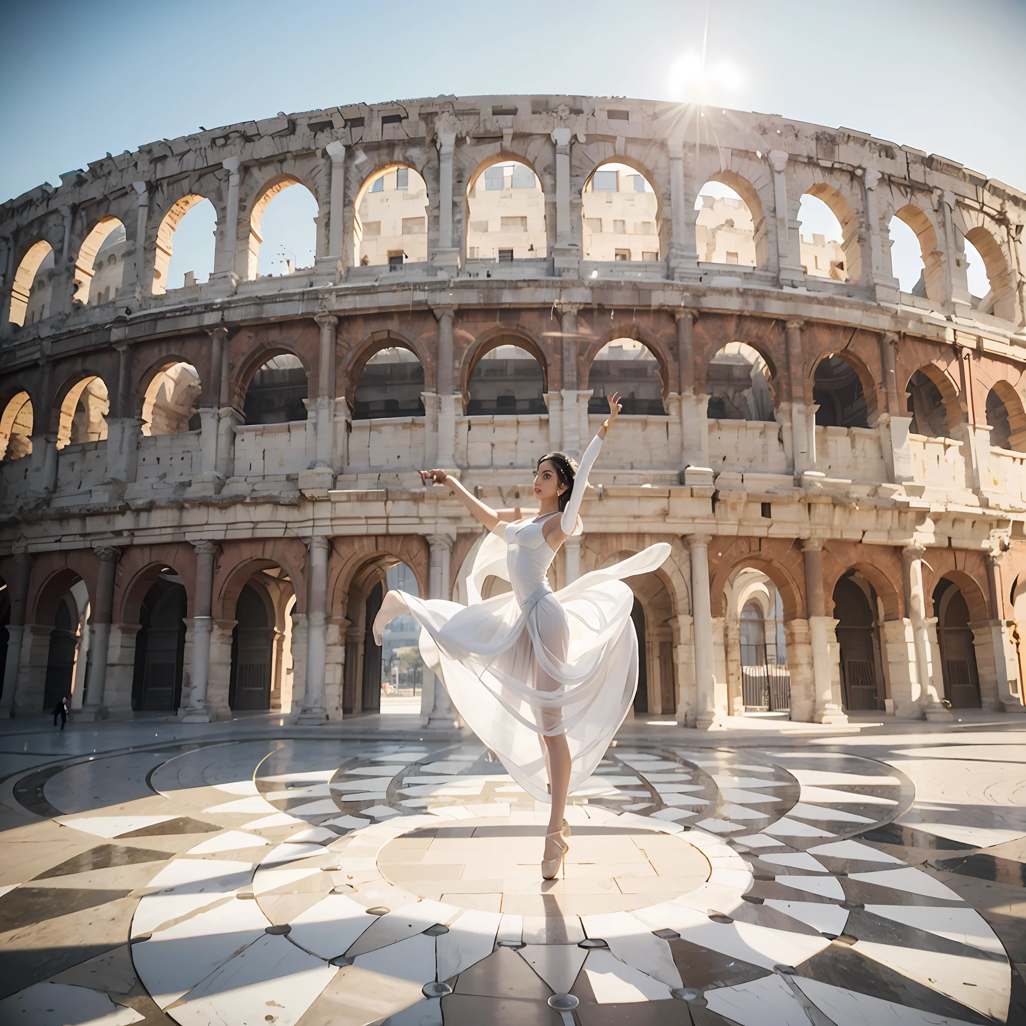 Arab woman in white dress dancing in front of a big building, ballet performance photography, gymnasium background, george cavallon, dancing gracefully, Francesco Reborini, Roman background, dramatic pose, Chinese ribbon dance, colosseum, in gymnasium, advertising photo, Italian masterpiece, artistic pose,