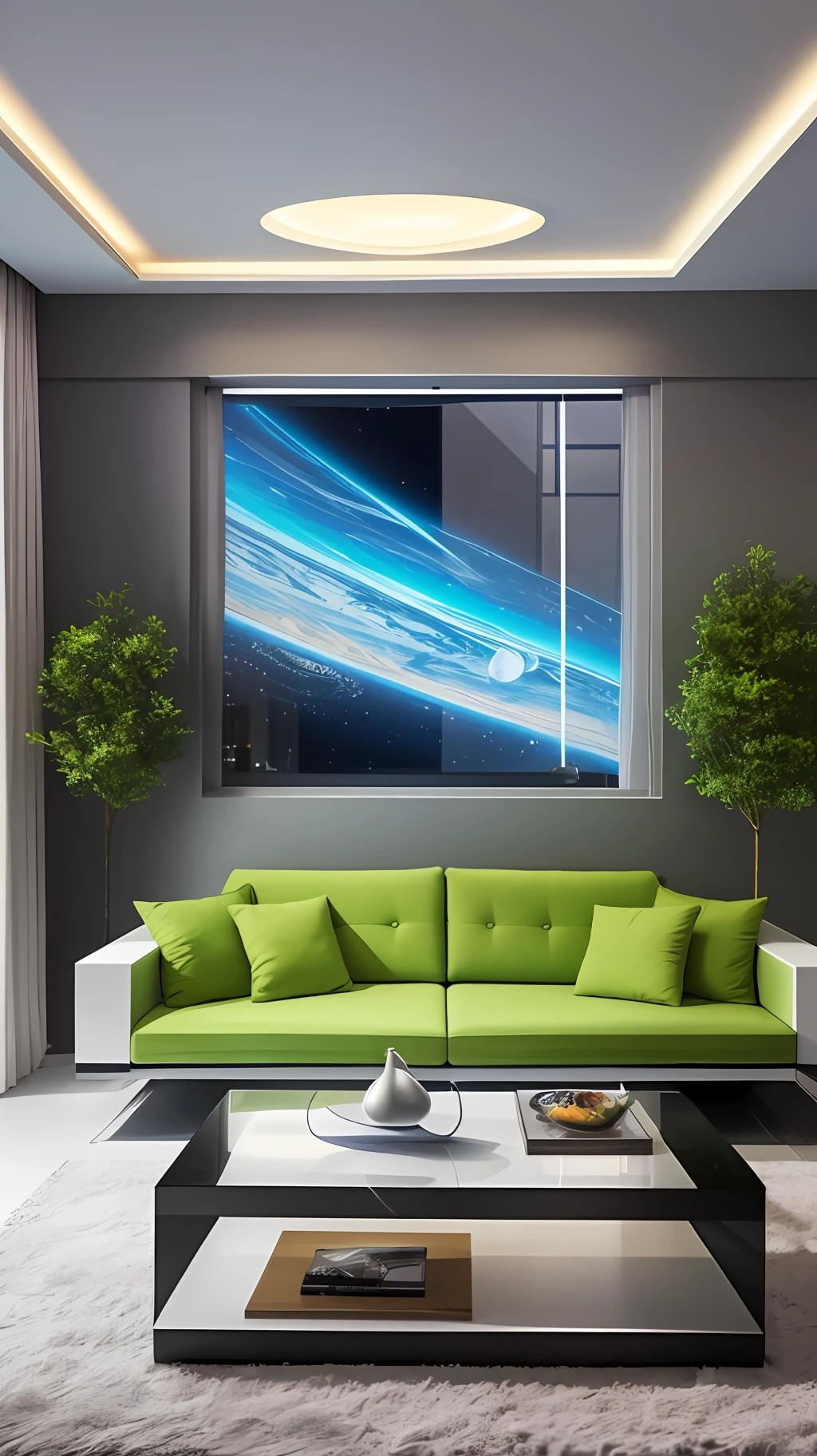 Use this description to create your ideal futuristic tech living room design.
1. Shades and materials: Consider using simple neutral tones, such as white, gray or black, to create a futuristic modern atmosphere. In terms of materials, high-tech metal materials and transparent glass are preferred. Textured materials such as wood and concrete can also add warmth to a certain extent.
2. Furniture and arrangement: simplicity and functionality are at the heart of the future tech-savvy living room. Choose from furniture with metal or smooth surfaces with simple lines to create an elegant atmosphere. Consider versatile furniture such as height-adjustable cushions, smart convertible sofas or chairs. The carpet can be made of earth chemical fiber material or smart carpet.
3. Lighting: While keeping it simple, the lighting technique can be as innovative as possible. LED lights or other environmentally friendly, low-consumption luminaires can be integrated covertly into floors, walls or ceilings, enhancing the atmosphere of future technology. Transparent glass roofs and large windows bring natural light into the interior and save energy.
4. Technology elements: Integrate wireless charging devices in living room furniture, such as coffee tables or cabinets, to create a smart living room. At the same time, it provides a touchscreen console that can be easily interacted with, and can be controlled in conjunction with other smart devices in the home, such as speakers, air conditioners, air purifiers, etc.
5. Art & Decorations: To add a sense of future technology, add ideas such as interstellar maps, starship models or minimalist art paintings. Consider murals and sculptures in modern and futuristic styles. At the same time, minimalist plant decorations, such as moss paintings or sky gardens, can be added to bring the space to life.
This description may help you design your space to create the perfect futuristic living room based on your needs and preferences. --auto --s2