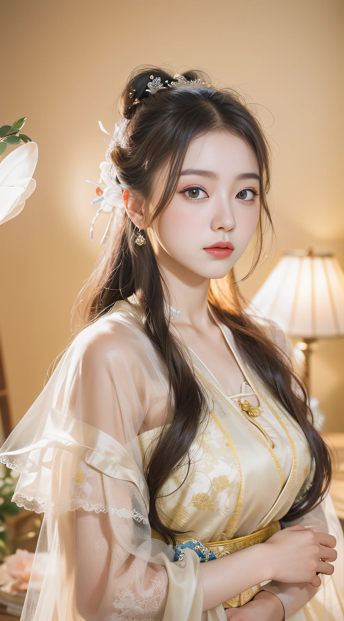 there is a woman that is posing for a picture in a dress, soft portrait shot 8 k, ethereal beauty, inspired by Huang Ji, white hanfu, palace , a girl in hanfu, sha xi, realistic. cheng yi, soft ethereal lighting, inspired by Tang Yifen, inspired by Qiu Ying, hanfu, inspired by Lan Ying, chinese girl