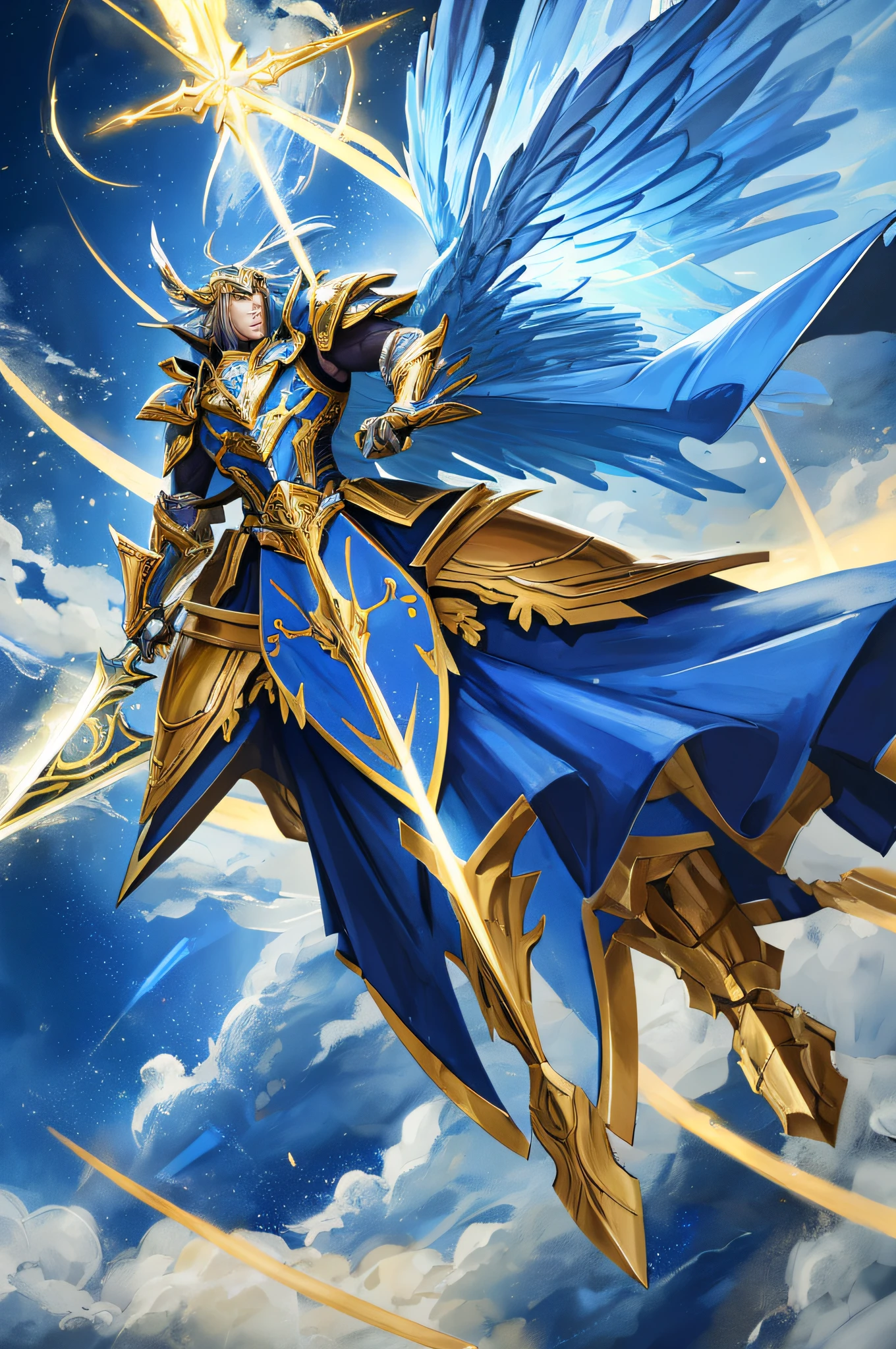 Masterpiece, extramally futuristic, mystical warrior, flying, resplendent armor, holding golden sword 1, blue background with clouds and points of lights, 32k