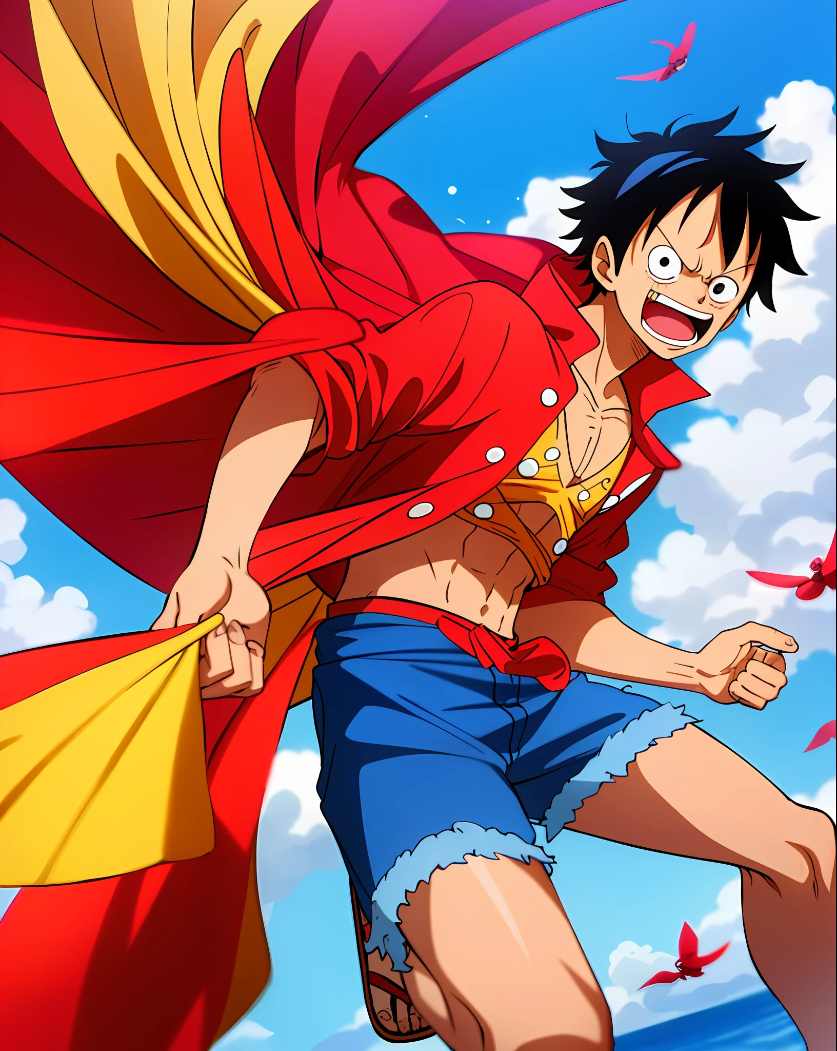 A man, an anime character with a red cape and blue shorts and a yellow ribbon, Luffy, Monchi D. Luffy, One Piece's Luffy, Luffy, One Piece, One Piece style, One Piece Art Style, Oda Eiichiro Style, Windbreaker Flying, Inspired by Eiichiro Oda, fan art